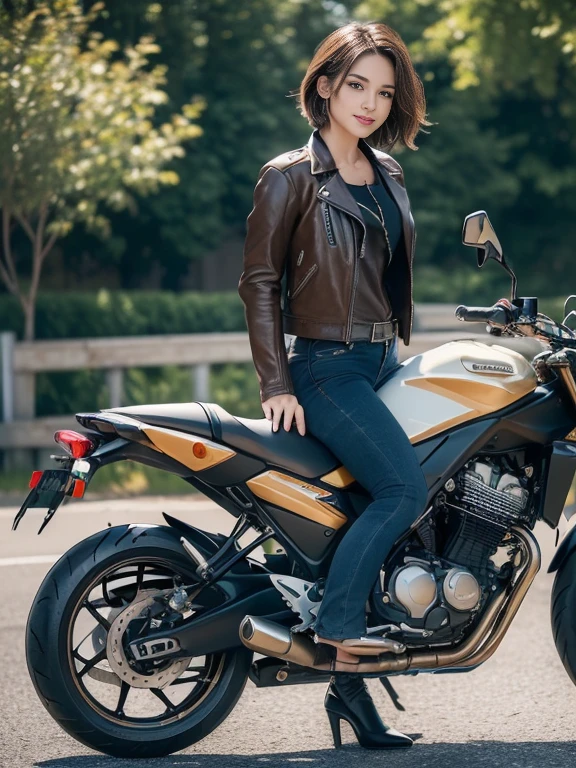 ((highest quality, 8K, masterpiece: 1.3)), sharp: 1.2, perfect body beauty: 1.4,pretty girl,light brown short hair,(((Girl on a motorcycle))),slender body,brown motorcycle leather jacket and leather pants,Highly detailed face and skin texture,((full body shot)),Natural light,smile,((((Please go to the right))))