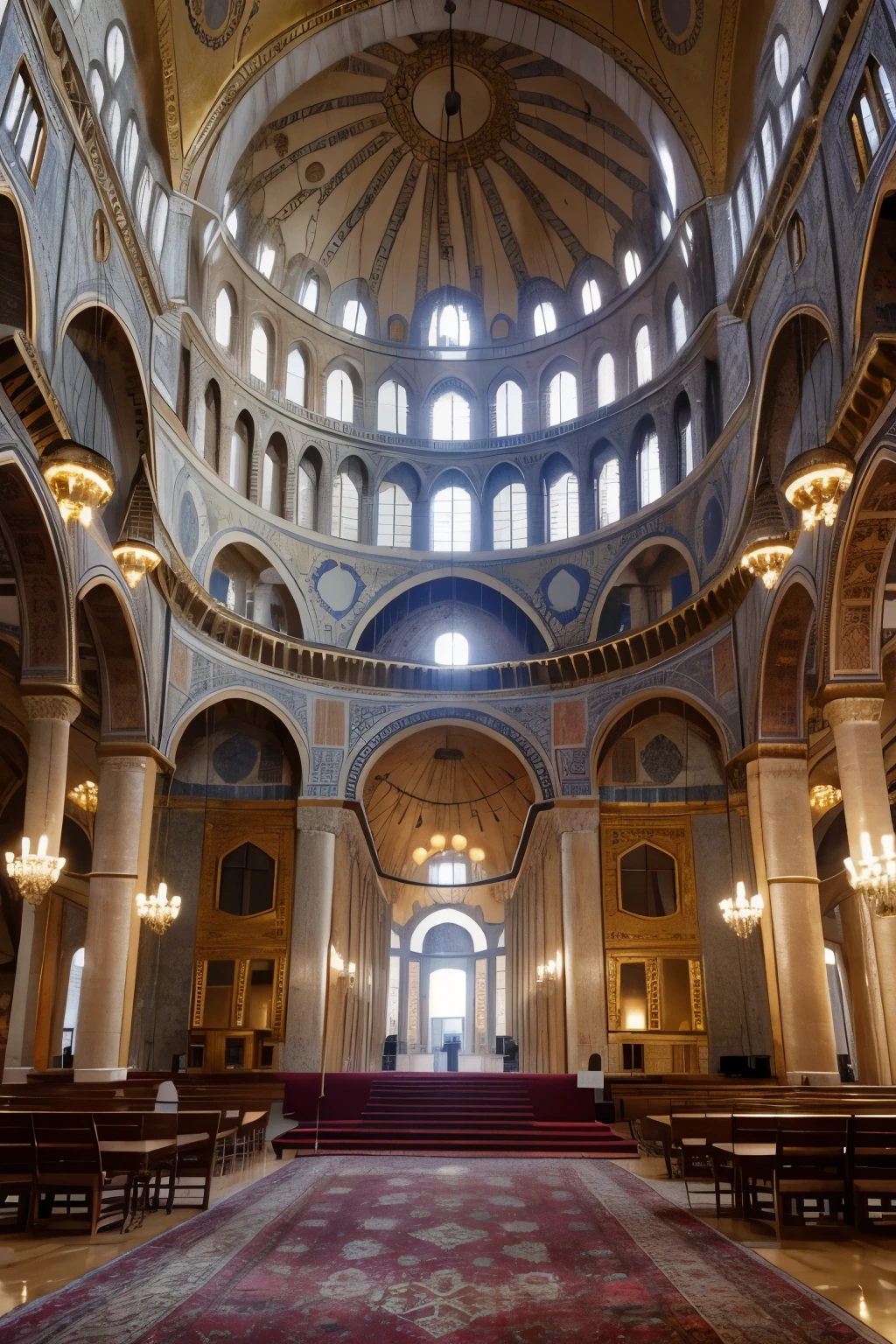 High-Resolution Masterpiece: 1.5, Breathtakingly Beautiful, Hagia Sophia Mosque, Unique Architectural Marvel, Detailed Exteriors, Intricate Interior, Ornate Mosaics, Elegant Minarets, Brilliant Gold-Adorned Domes, Serene Atmosphere, Sighanagel Lighting, Ambient Rays Filtering Through, Blue Istanbul Sky As Backdrop, Detailed Crowds of Visitors, Turkish Pride Radiating, Historic Significance, Rich Cultural History, Architectural Evolution Spanning Centuries, Timeless Elegance, A Must-See Landmark, Unforgettable Exper