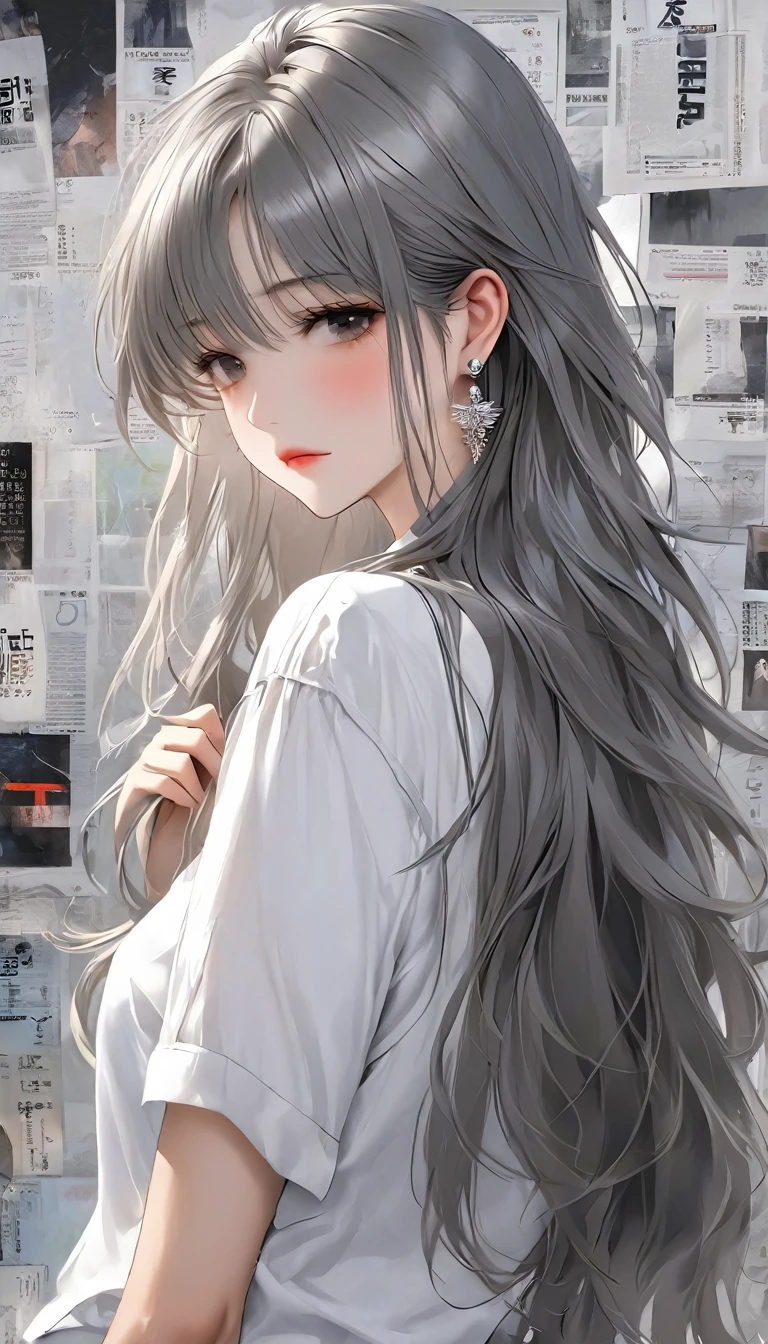 1 girl, Lonely, Long Hair, shirt, white shirt, bangs, Upper Body, Earrings,  jewelry, Gray Hair, shut up、Thinking Ahead