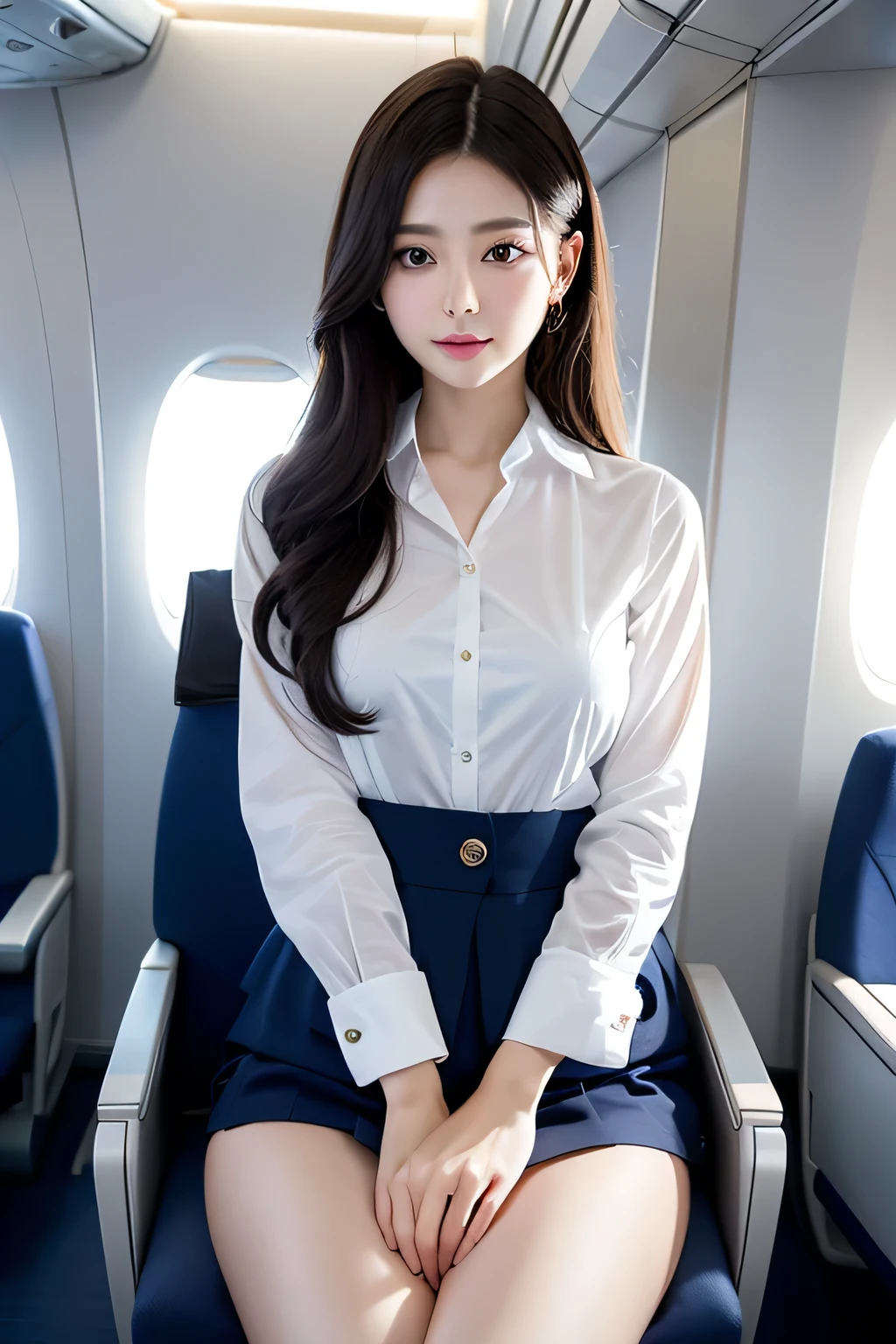 highest quality, masterpiece, 8k, 超A high resolution, (Photorealistic:1.4), One Girl、Beautiful Face、Symmetrical eyes、huge 、Perfect Body Proportions、Stewardess Uniform、Look at the viewers、(Inside the plane:1.2)、View from the front、shoulder、Long legs(1.3)、Korean Idols、Nogizaka Idol、Gravure idol、adult、actress、cute、