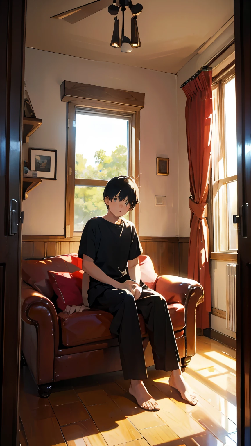 The image of a simple room with only a basic furniture, clean, white wall paper, a boy sitting on a sofa, can’t see face, wearing jersey and slipper, relax mood, light is warm