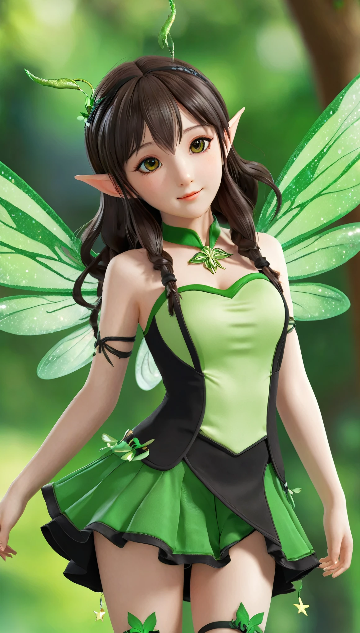 Wearing green and black clothing、Anime girl with wings and green background, Elf character, Fairy, forest Fairy, Insect Trainer Girl, brunette elf with Fairy wings, Elf, Cute 3D anime girl rendering, April renderings, Fairy dance, Open your legs  