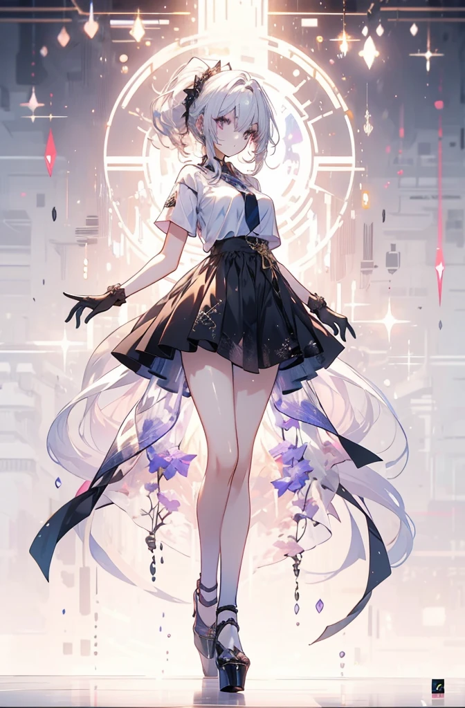 Long Hair马尾，High heels，good quality, Absurd, Very detailed, Holographic,, Dynamic pose, Golden Ratio, 超级Lovely女孩, Mature Girls, Very beautiful,，Has very beautiful purple eyes, Very beautiful white hair, Shiny skin, High Ponytail, Well-balanced , slender and delicate body shape,, Perfect body, Wearing a short white top, Lovely，Full Body Shot，Long Hair，High heelsブーツ，Black Skirt, Essie Hair Short Sleeve, Black gloves, White socks,Fade out the background,Full body photo of a person,comics，T-Shirts，Eyes with highlights
