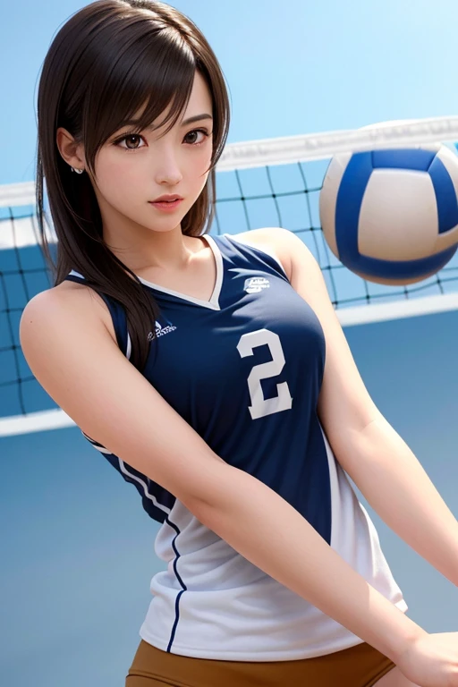 8k,highest quality,The real picture,Intricate details,超A high resolution,Depth Field,Masseter muscle area,Natural soft light,Professional Lighting,One Girl,(cute:1.2),Very beautiful 17 year old manga girl, Photorealistic anime girl rendering, Realistic Anime 3D Style,Detailed eyes,((Brown eyes)),(Brown Hair),(Bans), (((FF7)))(((Tifa))),(Tifa:1.2,alone), Blake Super Detail Face, Fine grain, (Light brown hair, Large Breasts: 1.2), (Tifa in volleyball uniform:1.7),Gym