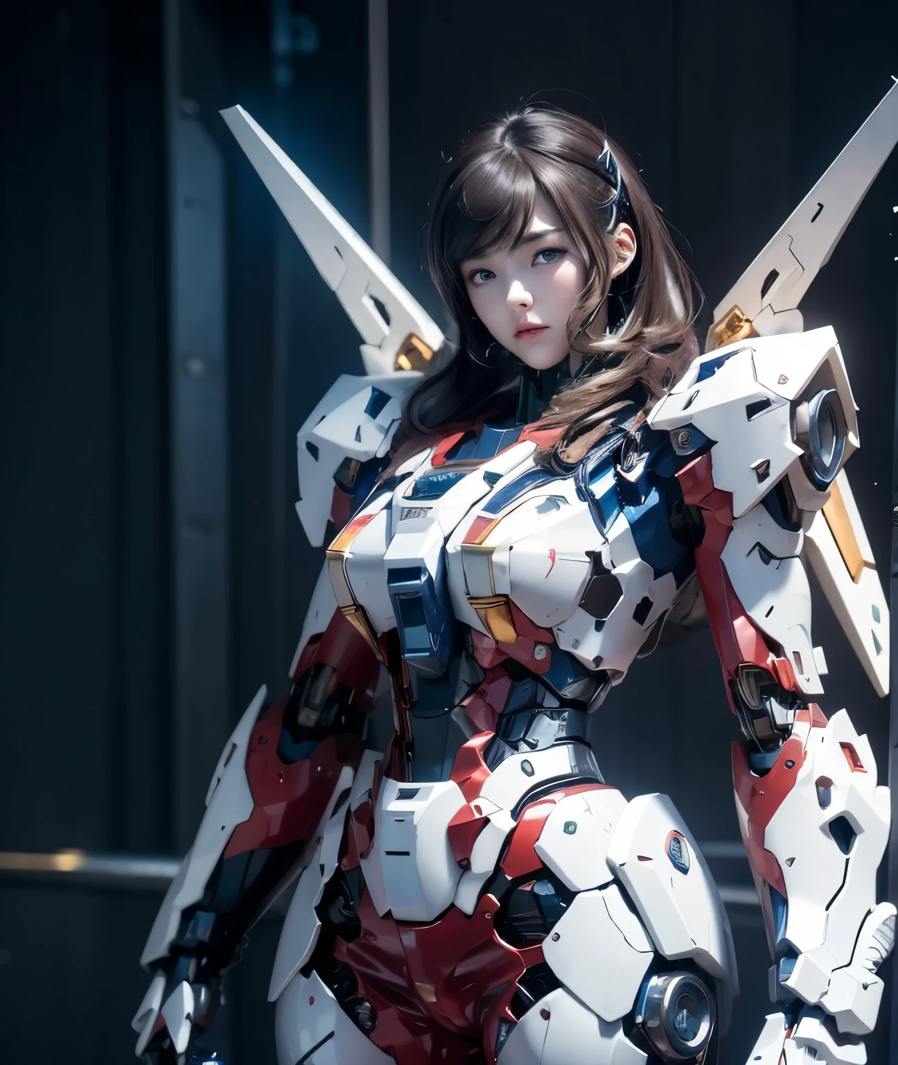 Textured skin, Super Detail, Attention to detail, high quality, 最high quality, High resolution, 1080p, hard disk, beautiful,(Gundam),beautifulサイボーグ女性,Mecha Cyborg Girl,Battle Mode,Girl with a mechanical body,She wears a futuristic Gundam mecha,Upper Body Shot