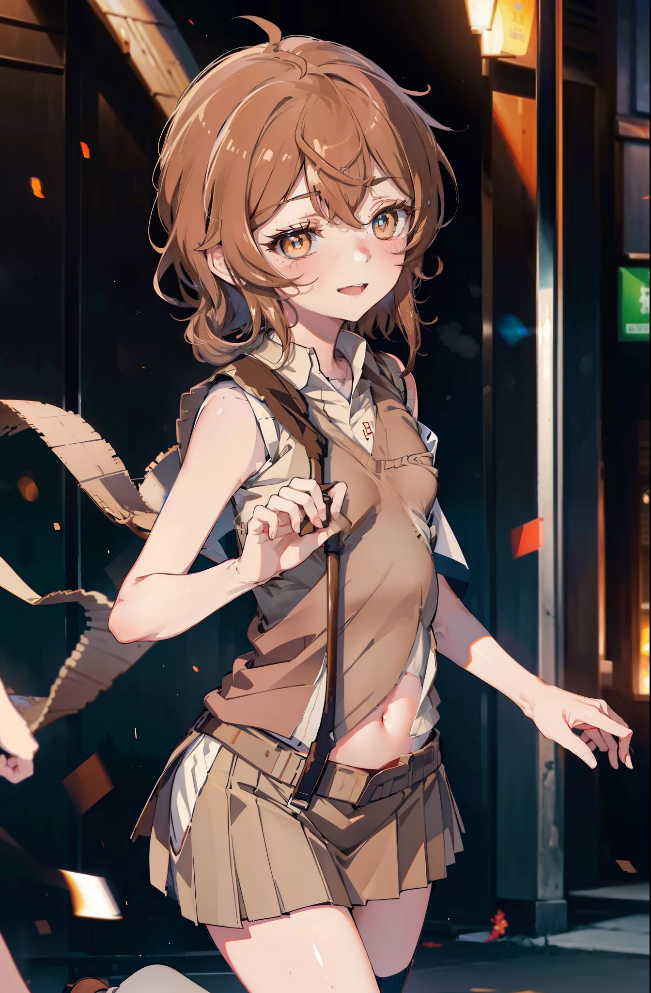 Liliru Card, Liliruca gets burned,  (Brown eyes:1.7), Brown Hair, (Flat Chest:1.2), short hair,happy smile, smile, Open your mouth,White shirt,Sweater vest, (brown Sweater vest:1.5),Short sleeve,,Black pleated skirt,black tights,Brown Loafers, running, City Street,morning,morning日,sunrise,walking,whole bodyがイラストに入るように,
break looking at viewer, whole body,
break outdoors, Residential Street,crowd, people々々々々々,
break (masterpiece:1.2), highest quality, High resolution, unity 8k wallpaper, (shape:0.8), (Beautiful and beautiful eyes:1.6), Highly detailed face, Perfect lighting, Extremely detailed CG, (Perfect hands, Perfect Anatomy),