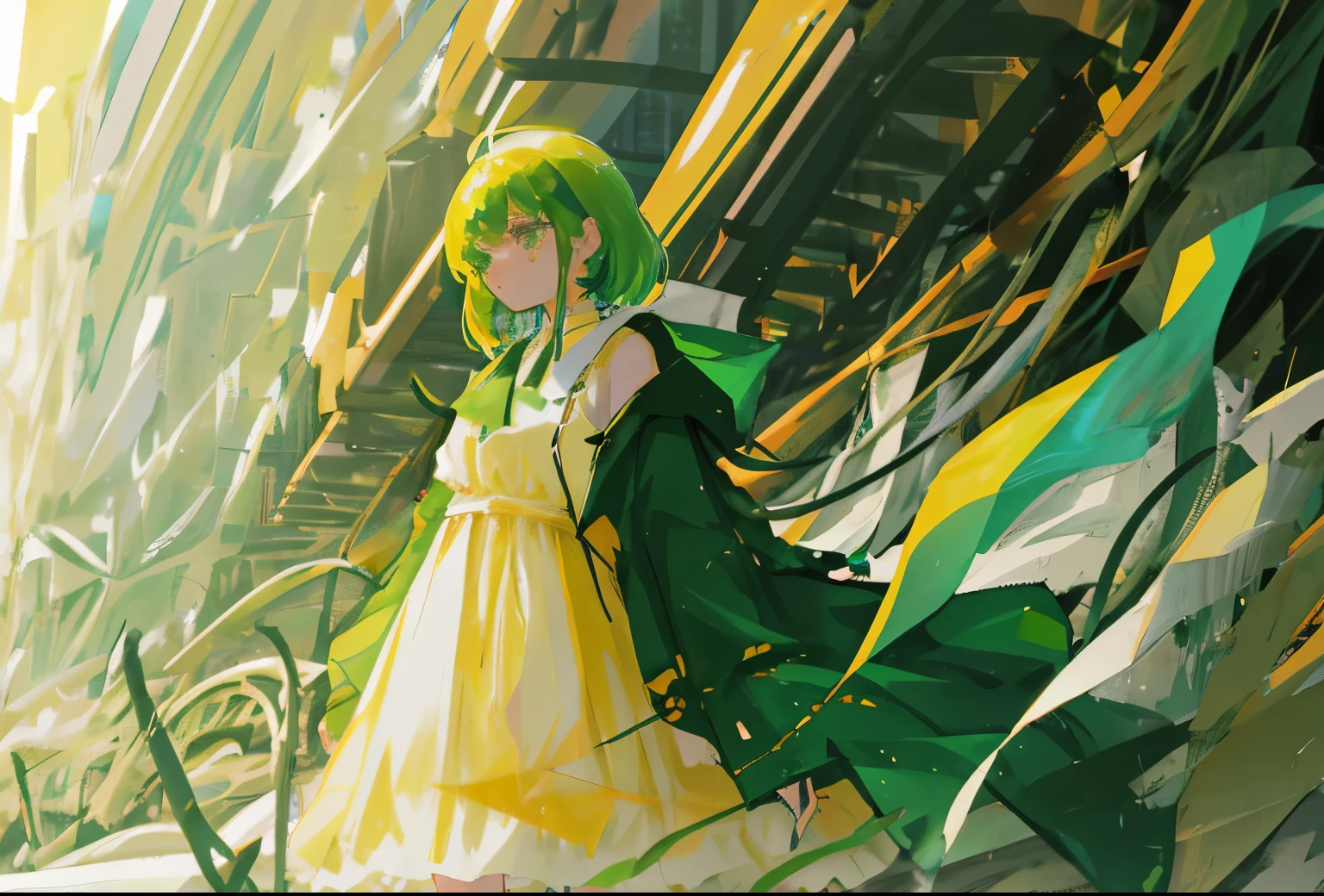 a girl standing , in the middle , appocalypsed background , long green hair , green eye , white long dress , praying , crying hard , nature , destroyed , pollution