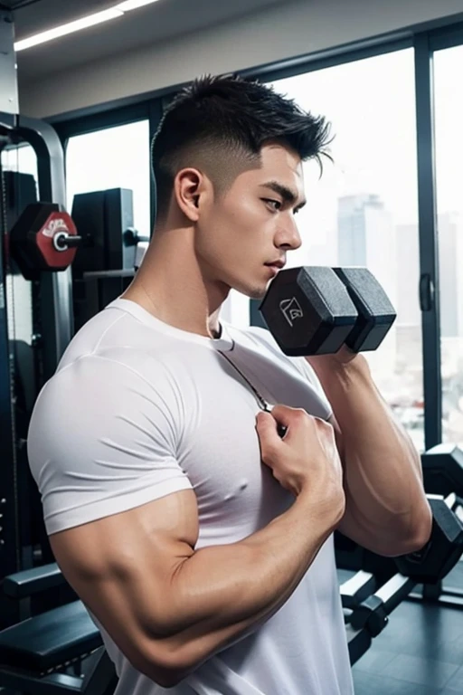 Handsome man , perfect model face,Muscle man ,Muscle perfection,Lift dumbbells