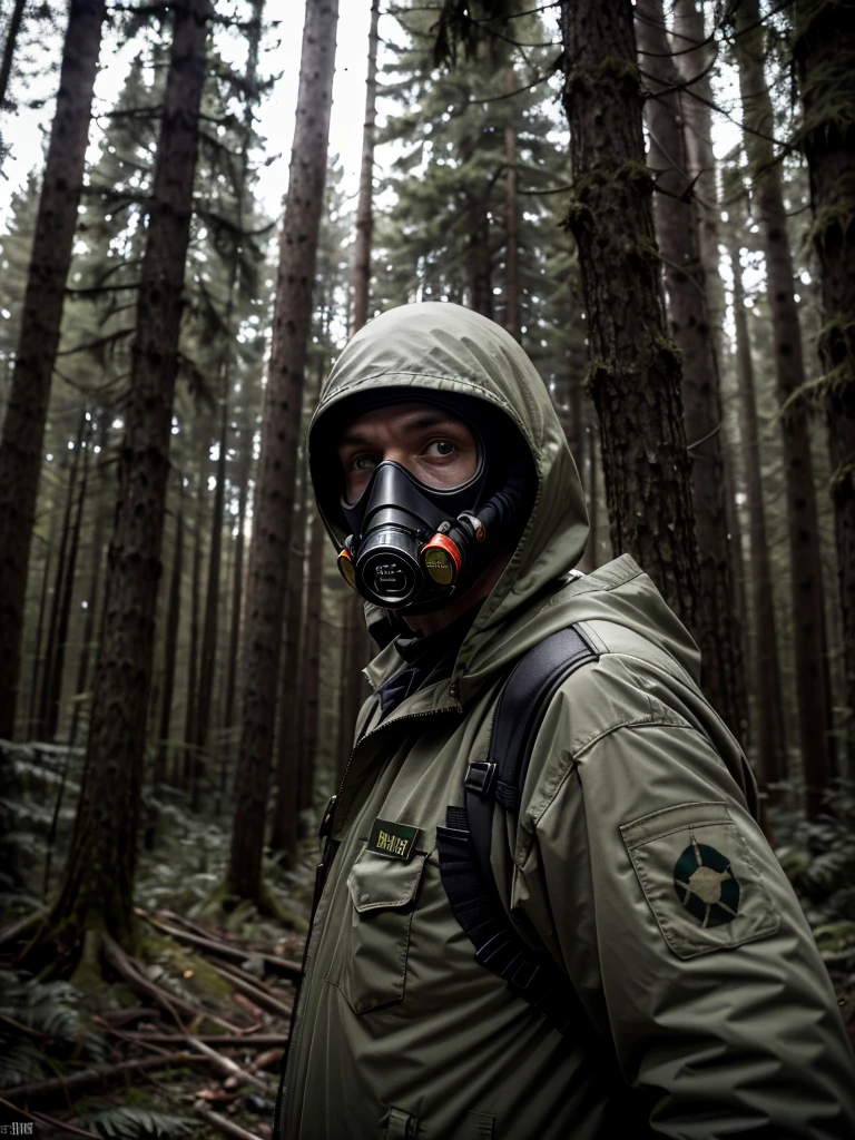 raw photo, stalker style, exclusion zone, man in a chemical protection suit, military, hood, gas mask, in a radiation zone, in a radioactive forest, dead forest, looking at the camera, gloomy lighting, dark colors, post apocalypse, (dead forest)