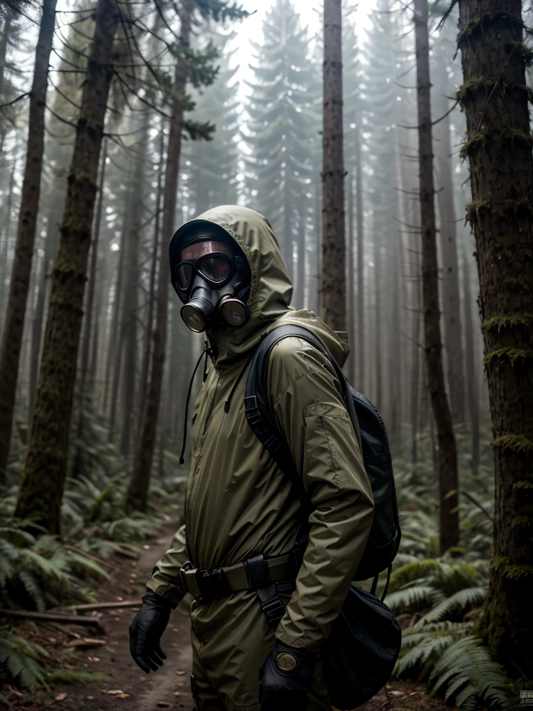 raw photo, stalker style, exclusion zone, man in a chemical protection suit, military, hood, gas mask, in a radiation zone, in a radioactive forest, dead forest, looking at the camera, gloomy lighting, dark colors, post apocalypse, (dead forest)