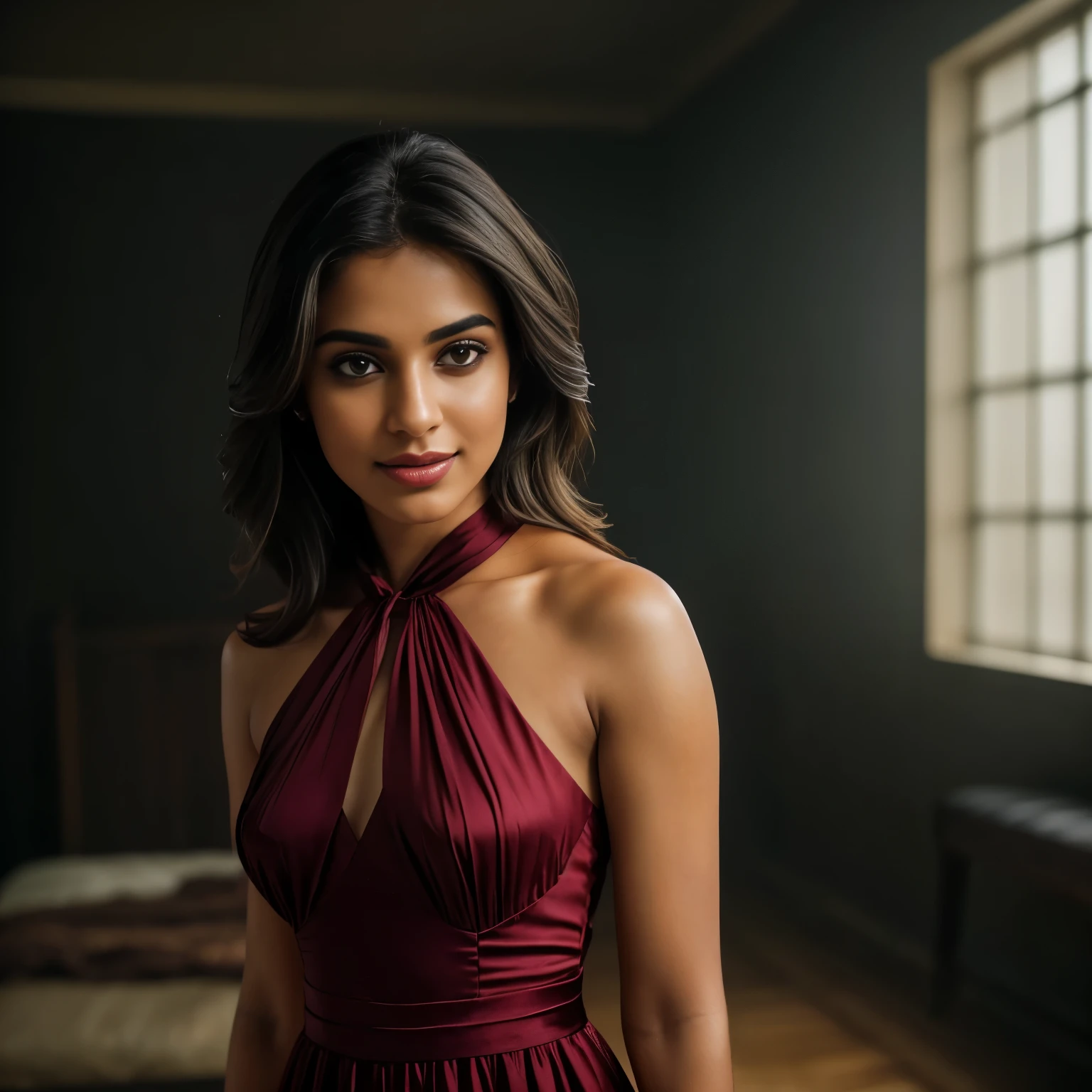 In this photograph, an Indian Instagram female model in her mid-35s takes center stage,smiling face, not skinny, little chubby,(( big round chest)), cleavage, (highly detailed face:1.4) (smile:0.7) (backround beach , moody, private study:1.OV, by lee jeffries, nikon d850, film stock photograph ,4 kodak portra 400 ,camera f1.6 lens ,rich colors ,hyper realistic ,lifelike texture, dramatic lighting , cinestill 800, realistic, wearing very short gown self design fit & flare dress Sweetheart neck Short, Tie-up detail on back Above knee length in flounce hem Attached Lining Chiffon fabric, actress, karla ortiz, posing!!, candid picture, by Max Dauthendey,Completing the aesthetic, . The photograph is meticulously captured in 8K resolution using cutting-edge techniques such as Cinema 4D and Octane Render, resulting in a highly detailed and photorealistic image. Studio lighting, HDR, and a smoky mist create a captivating ambiance, while the bokeh effect adds an artistic touch, sexy point of viewer look