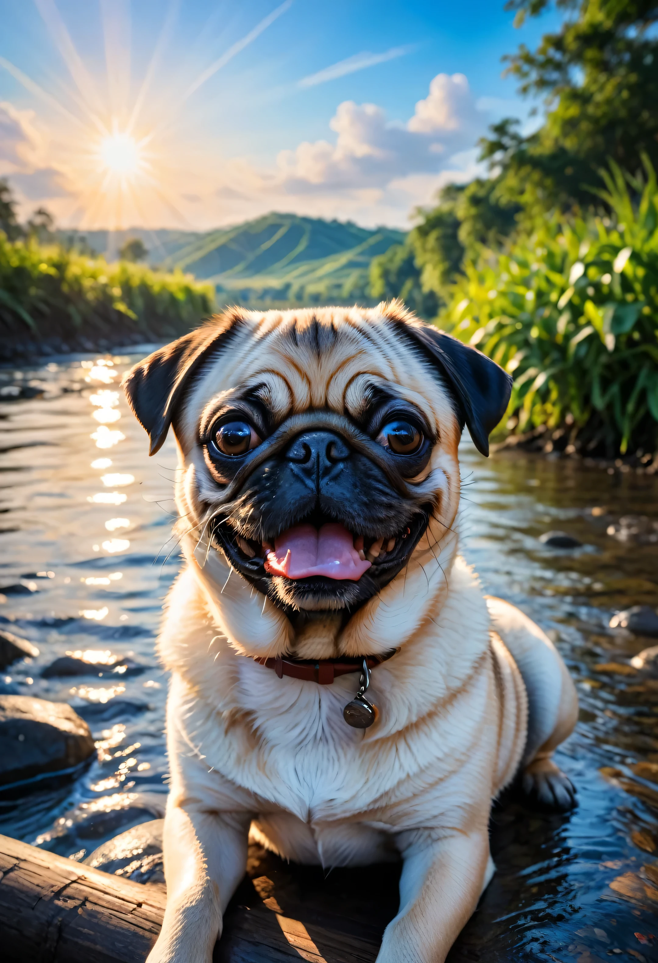 Pug, Happy Pug swimming in the water, smile. The photo should evoke a sense of vitality and happiness.. Background is a beautiful river filled with fish, Daytime sky, Realistic colors : Very detailed :: pinot_debt, Jeremy_man, meat_Griffith, 16k_resolutiupon, Oil_upon_canvas, Are you okay_art, wonderful_Realistic_Light, sharp_concentrated, beautiful, vibrant atmosphere