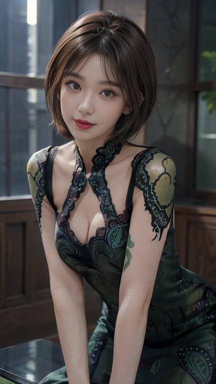 highest quality, shape, Very detailed, finely, High resolution, 8k wallpaper, 完璧なダイナミックな構shape, 美しくてBeautiful Eyes,Short Bob Hair、Big Breasts、Natural color lip, Bold sexy pose、smile、Adult female 30 years old、美shape、ear piercing,Adult sex appeal、Subject posing sexy for the camera,Sculpture model pose,((Realistic lighting, highest quality, 8k, masterpiece: 1.3)), Clear focus: 1.2, 1 girl, Perfect body beauty: 1.4, Slim Abs: 1.1, ((Dark brown hair, Big Breasts: 1.3)), (Finished with body paint,Transparent dark green,Paisley pattern transparent silk lace queen: 1.4), (Busy Street, night: 1.1),Body Paint Dresses, whole body, Long legs, Window Glass, Very beautiful face, Beautiful Eyes, double eyelid,優しいsmile