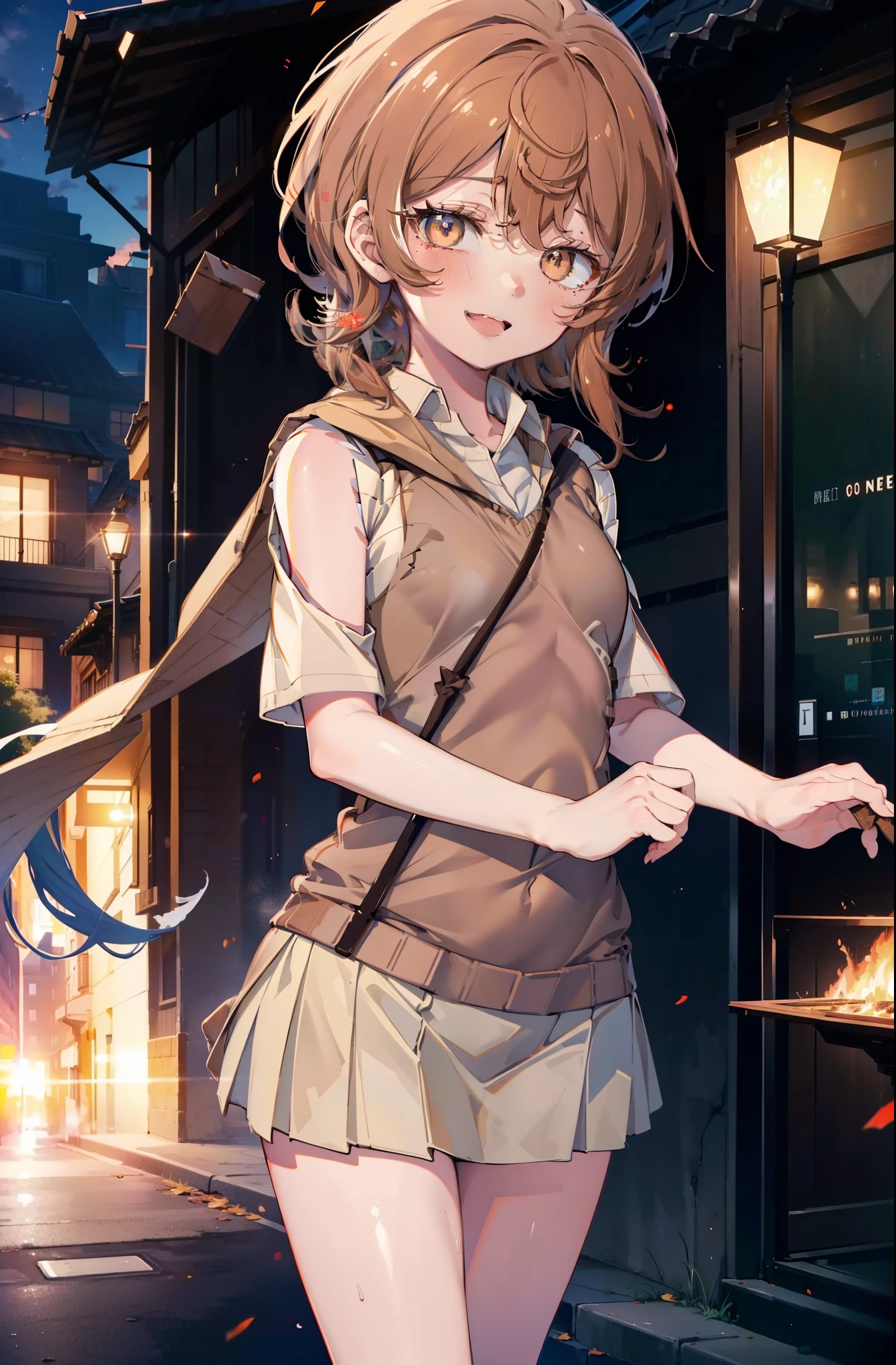 Liliru Card, Liliruca gets burned, (Brown eyes:1.7), Brown Hair, (Flat Chest:1.2), short hair,happy smile, smile, Open your mouth,White shirt,Sweater vest, (brown Sweater vest:1.5),Short sleeve,,Black pleated skirt,black tights,Brown Loafers, running, City Street,morning,morning日,sunrise,walking,whole bodyがイラストに入るように,
break looking at viewer, whole body,
break outdoors, Residential Street,crowd, people々々々々々,
break (masterpiece:1.2), highest quality, High resolution, unity 8k wallpaper, (shape:0.8), (Beautiful and beautiful eyes:1.6), Highly detailed face, Perfect lighting, Extremely detailed CG, (Perfect hands, Perfect Anatomy),