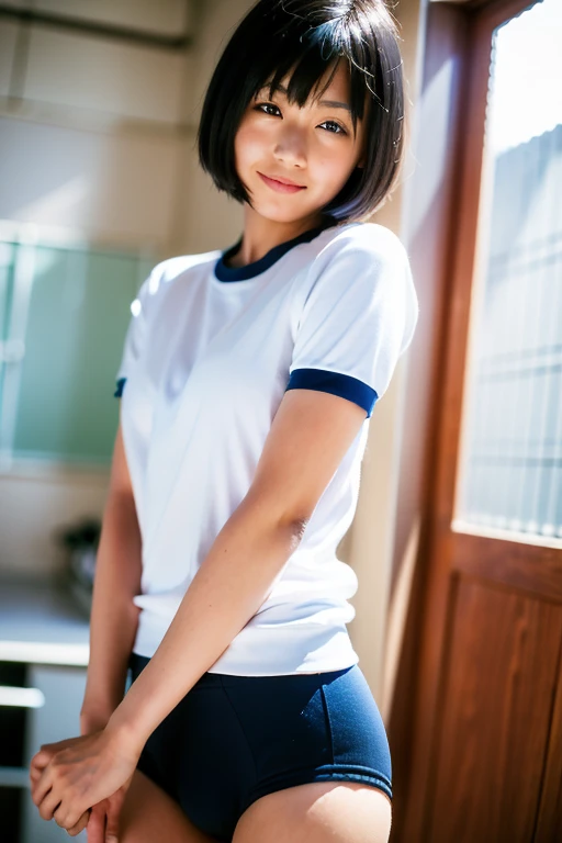 (8k, RAW Photos, highest quality, masterpiece:1.2), (Realistic, photo-Realistic:1.4), (Highly detailed 8k wallpaper), Beautiful woman in Japan at school. Blue Bloomers, Short Bob Hair, Black Hair, Are standing