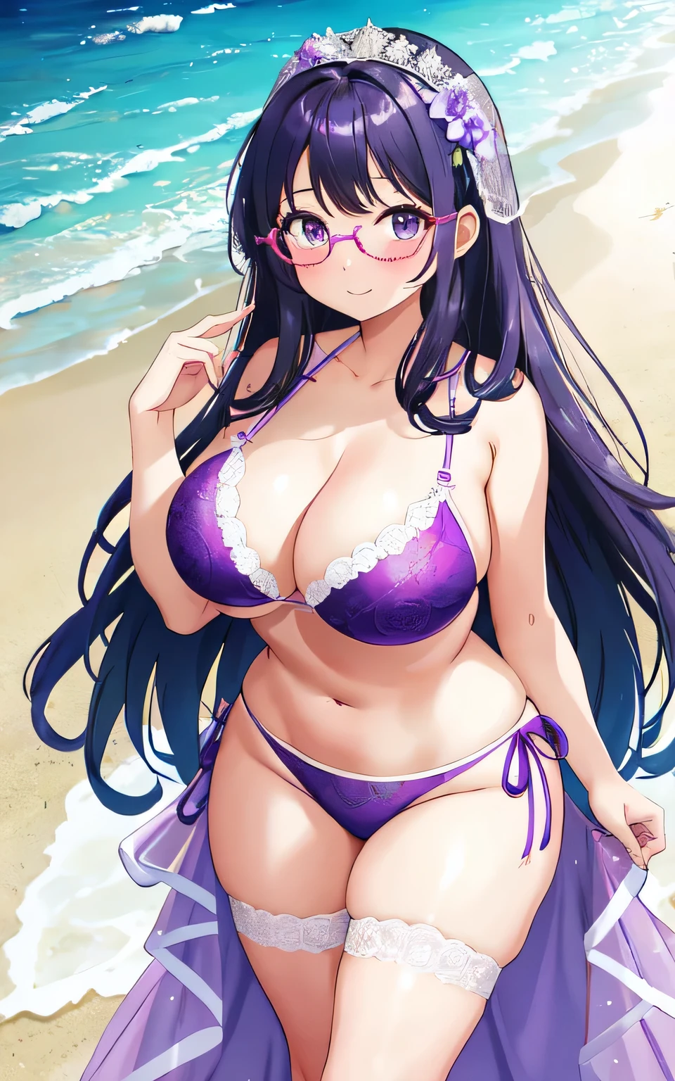 A 6--old l with big breasts, plump body, round, dressed in a purple wedding dress, lace bikini, on the beach, wearing glasses, wearing a thin tulle