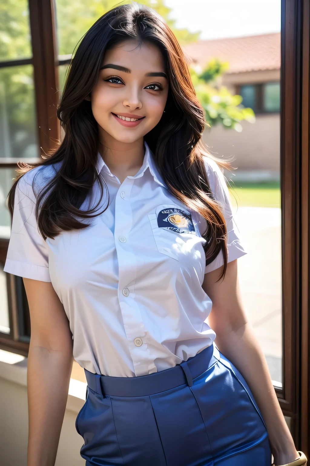 (best quality,4k,highres),ultra-detailed,realistic, Aishwarya Rai, cosplay,student uniform,beauty woman,big breast, smile,vivid colors,portraits,soft lighting