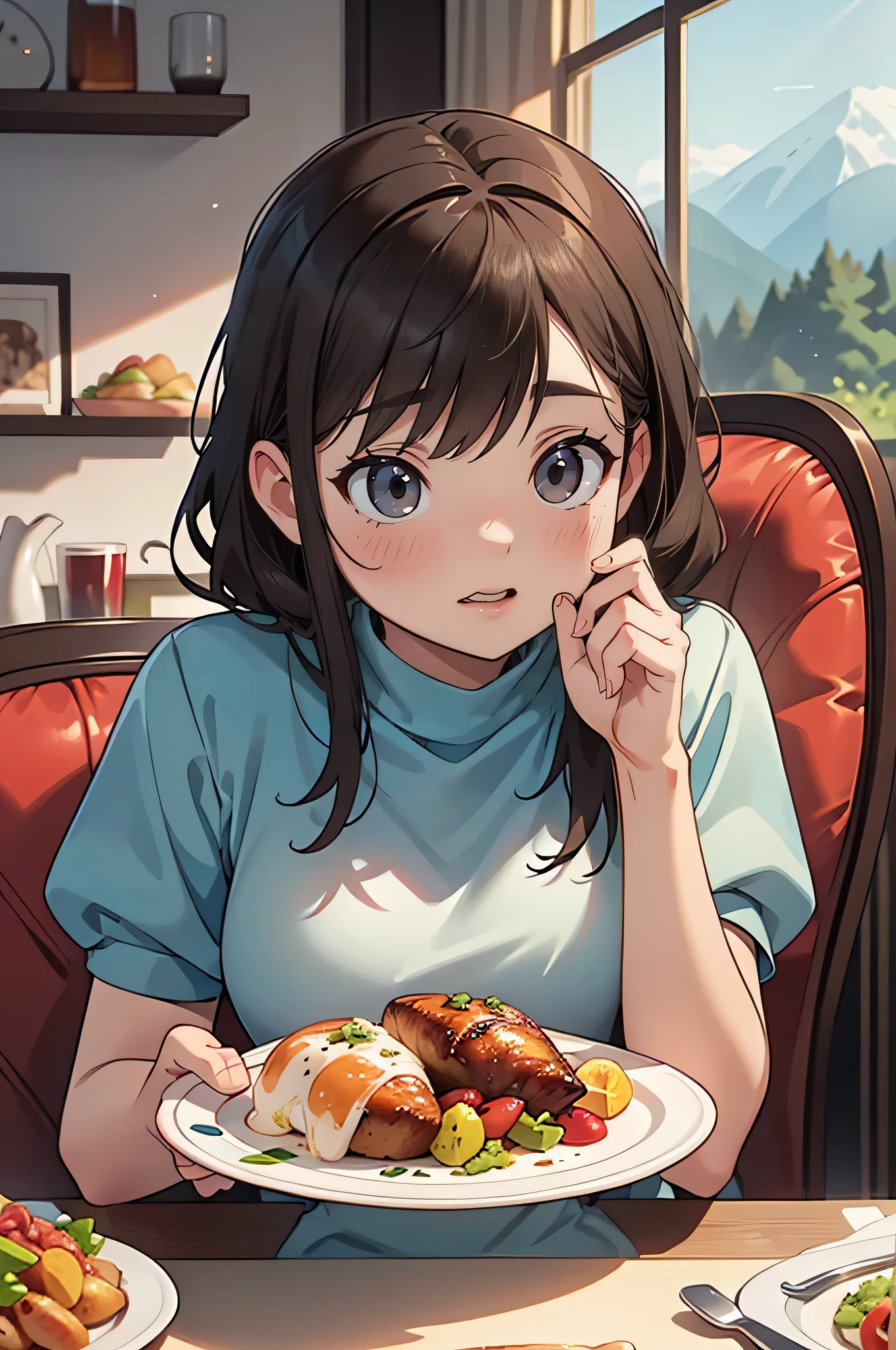 (best quality,4k,8k,highres,masterpiece:1.2),ultra-detailed,(realistic,photorealistic,photo-realistic:1.37), a wild woman, passionately biting into a roasted bird, savoring the flavors, looking deliciously satisfied with a smile on her face. She is enjoying the meal with a glass of red wine. The dish on her plate is piled high with a mouthwatering mountain of food. The atmosphere is vibrant and the lighting is warm and inviting.
