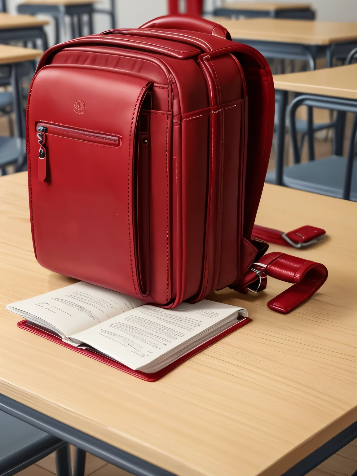 Masterpiece, realistic, photography, bag, 1bag, backpack, school backpack, red backpack, (backpack:1.1), aesthetic photography, a backpack over a table, no human