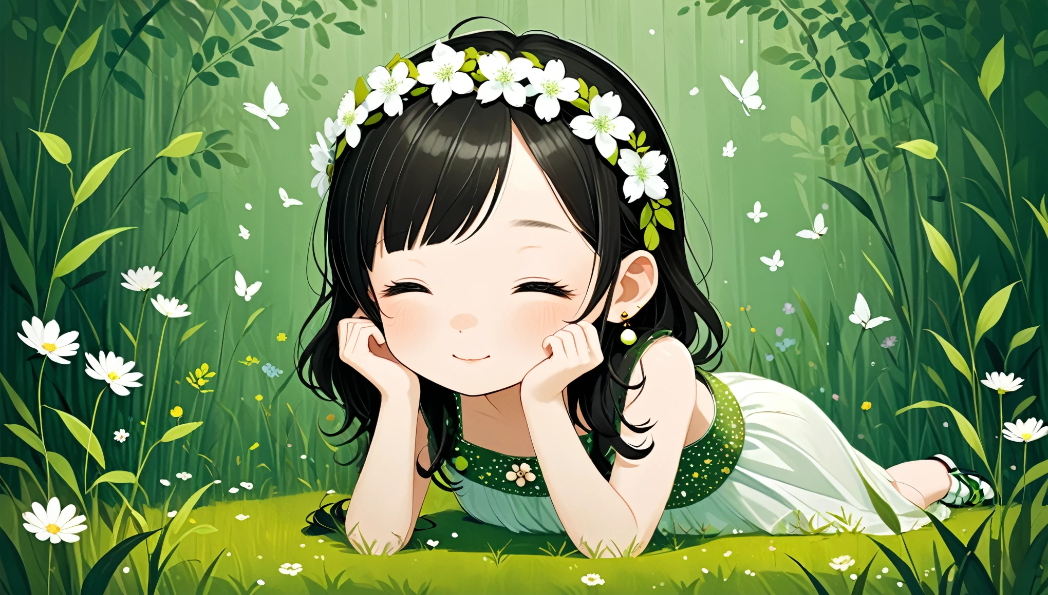 (in style of Liu Ye:1.8),Rough texture,Hand-drawn style:1girl,closed eyes,dress,earrings,flower,grass,green background,head wreath,jewelry,leaf,long hair,plant,solo,white dress,Cute style, girl,on stomach,Shake your feet,Hands on cheeks,Looking at the audience