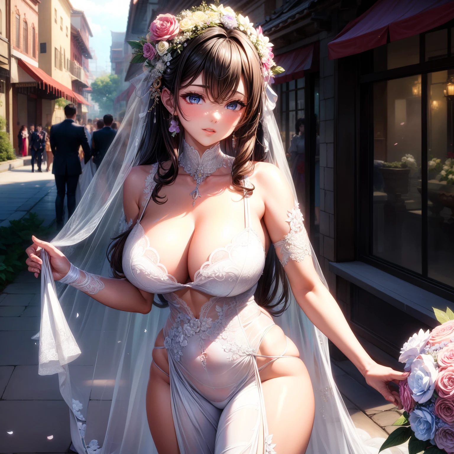 （8k ，Super detailed，Hyper-photorealism，The best masterpiece，Nature，Perfect work of art，Perfect female body），Two cute busty girls ，（large tities），Antique Flower Wedding，Antique Flower Wedding，Wedding dress，Phoenix Guanxia，Fashionable Hairstyle，Elegant and sexy bride，On a quaint street，穿上性感复古的白色Wedding dress，Built-in thong，Large cleavage，，Stretch the meat，Sexy bulge，Exposure ，tit，full-body shot