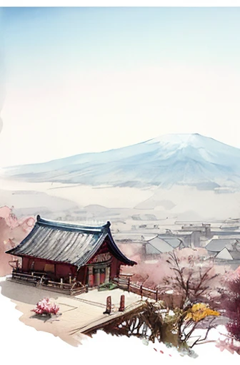roof,(White Background:1.4), ((tachi-e)), original,(figure:1.1),(highest quality),(masterpiece:1.1),(Highly detailed CG Unity 8k wallpaper:1.1), (colorful:0.9),(Panoramic Photos:1.4),(alone:1.2), (splashing ink),(Color splashes),((watercolor)), Clear and sharp focus,{ One girl standing },((Korean Style )),Floral Background,Outdoor,rock, View your viewers, Have a happy expression,A kind smile,Pure,Beautifully detailed face and eyes,Beautiful and intricate details of decorative patterns on clothing, Black Hair,Iris,Color Water ,Fuji Mountain,cherry blossoms,