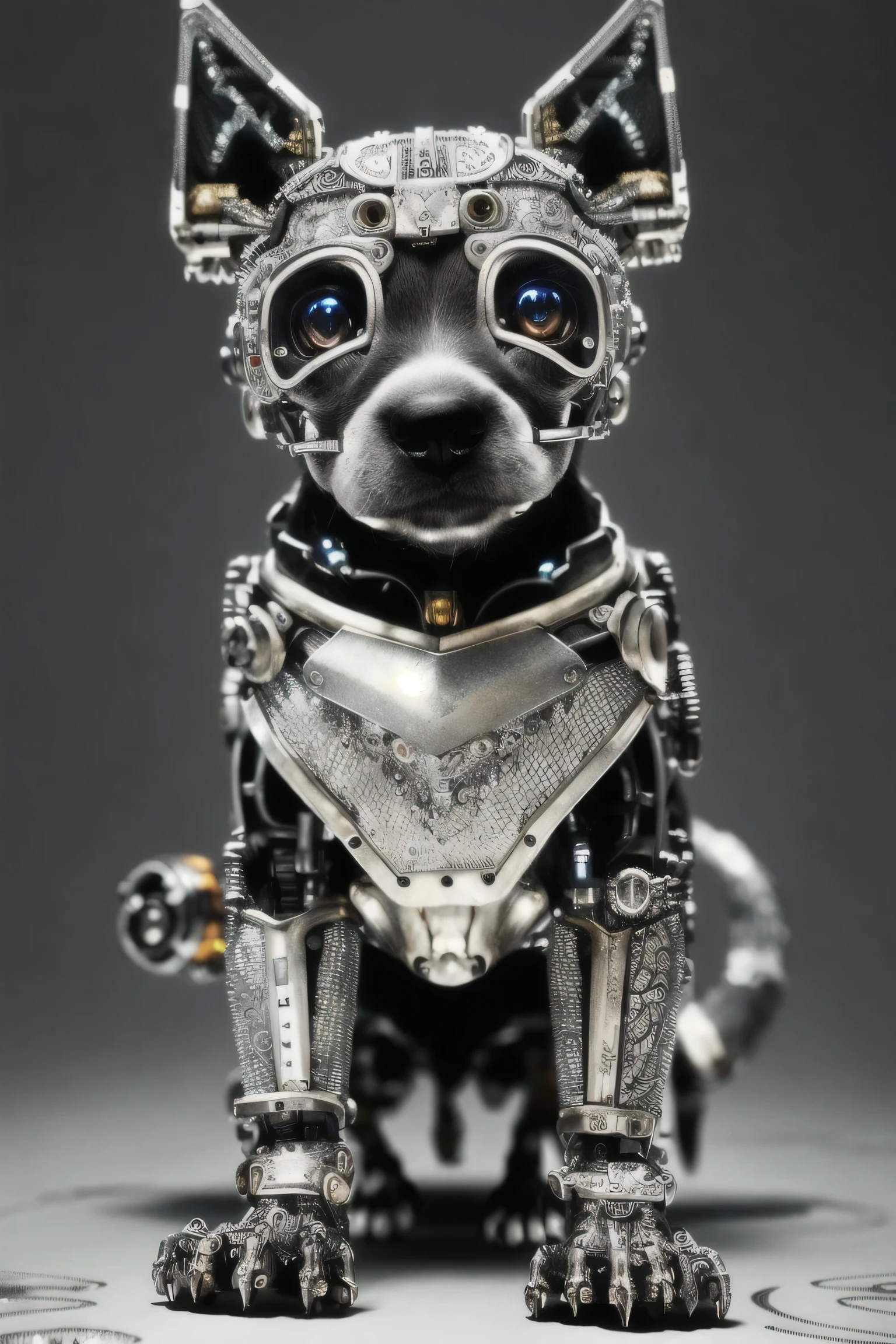 to8contrast style, a cute smoky puppy made out of metal, (cyborg:1.2), ([tail | detailed wire]:1.3), (intricate details), hdr, (intricate details, hyperdetailed:1.2), cinematic shot, vignette, centered, by Stray game, (the most beautiful portrait in the world:1.5)