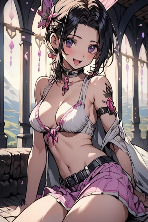 masterpiece, highest quality, Adult women,Very detailed,Ukrainian facial structure,Rin々Nice face,Open Mouth Smile,White, pink, and purple adventurer uniform,Medieval Europe,Medium Hair,Show your armpits,Black eyes,European facial structure,The dignity of a hero,,Small hair ornament,tattoo,Cape,Legs visible through the skirt,Natural Beauty,Investigating the ruins, which are in a very dilapidated state.,Cinematic,Large Breasts,Cleavage,