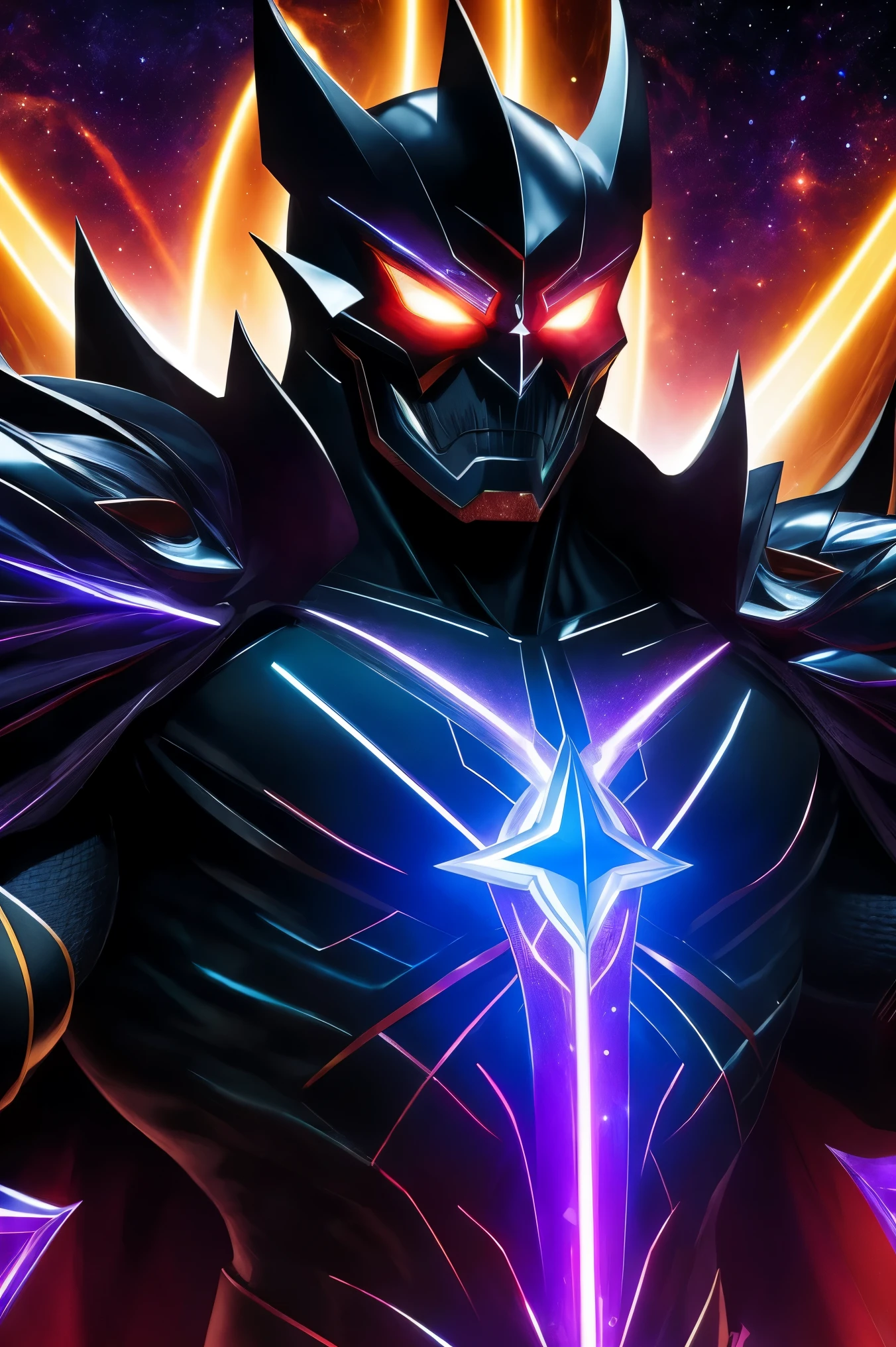 "sinister and all-powerful cosmic supervillain emanating darkness, adorned in gleaming armor adorned with sparkling multicolored gems"