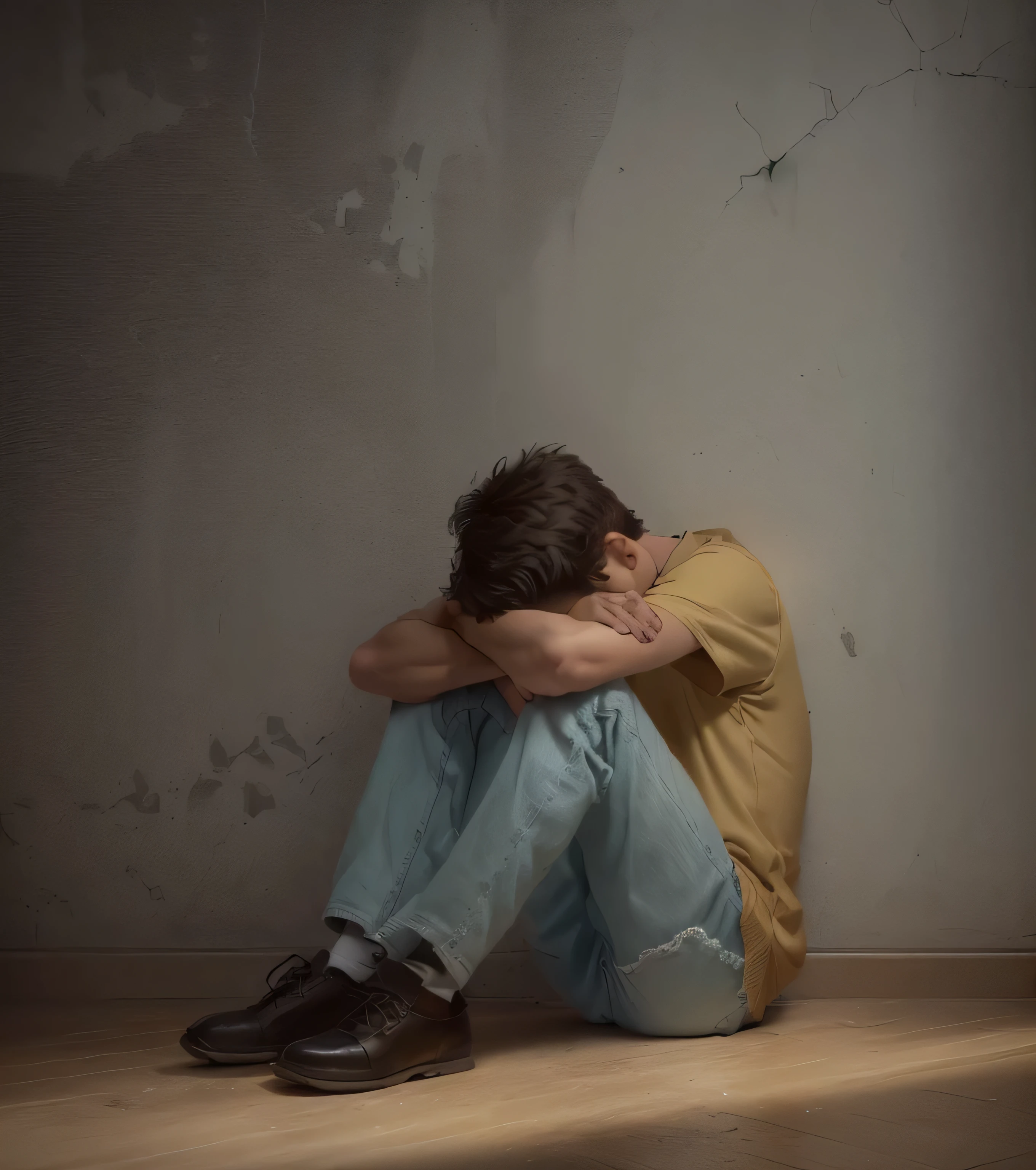 desenho de there is a twelve years old boy sitting on the floor with his head in his hands, menino sentado de costas, retrato de menino deprimido, highly detailed, 8k, depressed sad expression, lutando, menino triste, the boy is screaming and sad, menino masculino, menino, hugging your knees, pose de ombro na frente, auto-depreciativo, imagem emocional, sitting on the floor, and sad, inspirado em Fritz von Dardel, por Silvia Pelissero, por Wolf Huber, inspirado em Tomi Ungerer, inspirado em George Wyllie, Direction: Enrico Baj