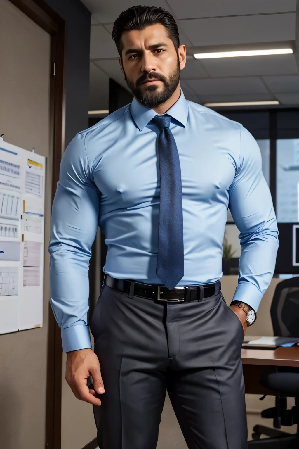 40 years old, arabic realistic, hd, muscular, daddy, big bulge, suit trousers, big beard, horny, boss, office, thick, thick thighs, big chest, muscular chest, bulge, muscles, shirt and tie, dress shirt, formal shirt, mature, hd, realistic, At work ,very big moustache with no beard, suit, no waistcoat, sexy shirt, standing in an office, frame is knees to head, point of view is in front of his crotch, shiny clothes, black hair, fitted, belt, shiny light blue shirt, shiny suit trousers, arabic man, aggressive, serious