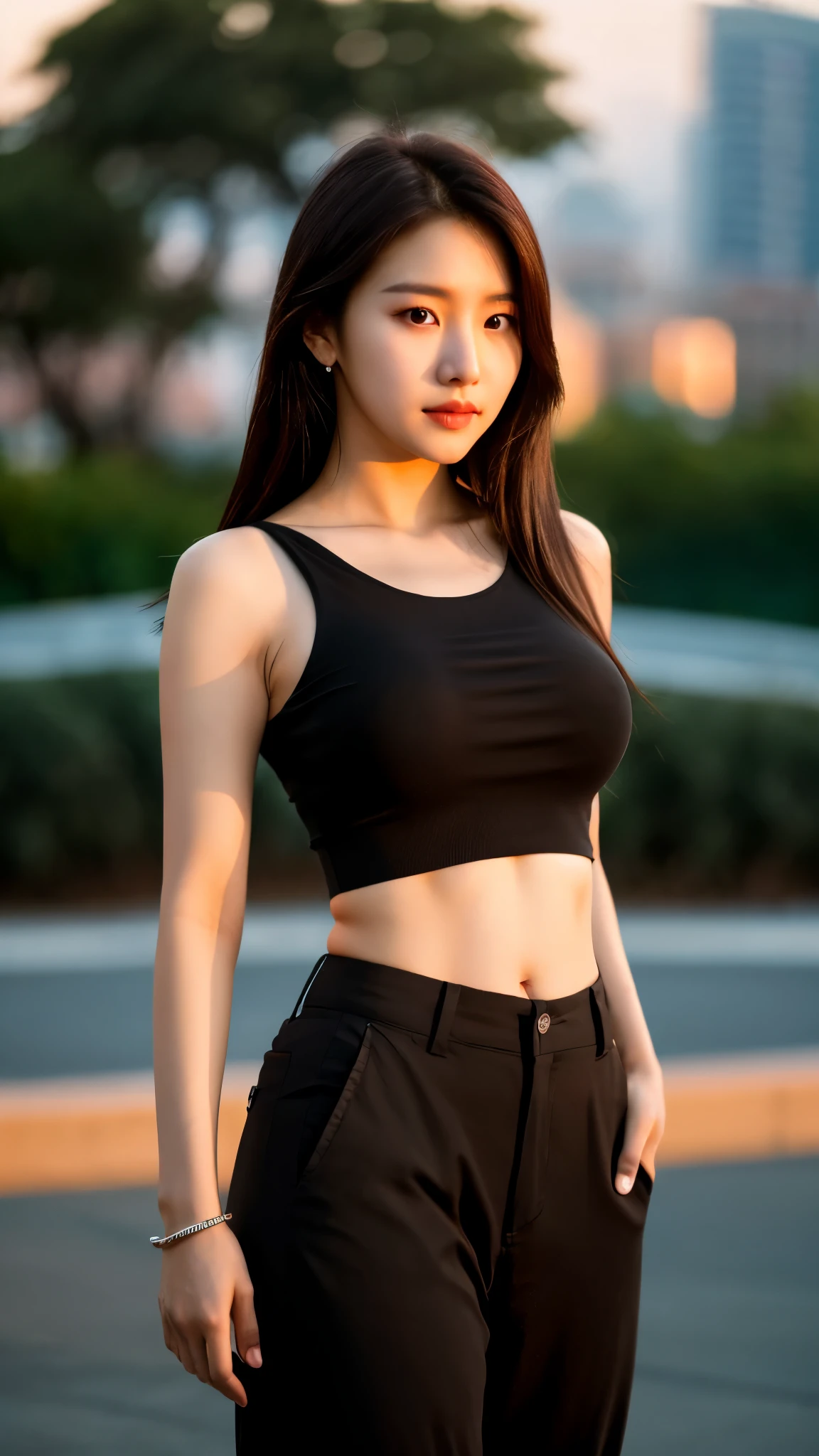 close-up of beautiful korean female, 34 inches breasts size, wearing black tank top, pants, standing on the ground, sunset light, bokeh background , UHD