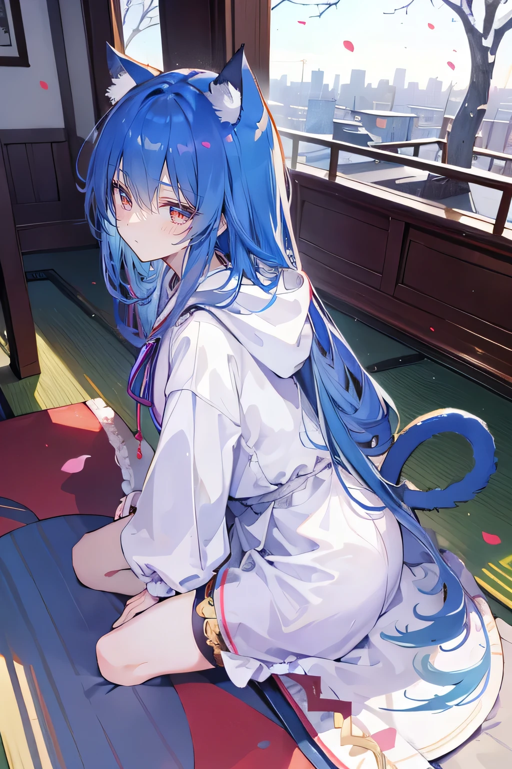 (masterpiece:1.2),Super detailed,lifelike,Expressive eyes,fair skin,perfect face shape,1 girl,
Japanese comics,Gorgeous blue hair,flowing blue hair,flowing clothes,Cat ears,Petals fall,beautiful lola,Baby Angel,sunrise,
Cross your legs,Gentle and peaceful background,The pavilion is cool and comfortable,smile, wearing hoodie, background of tokyo,back views,snowing, winter.