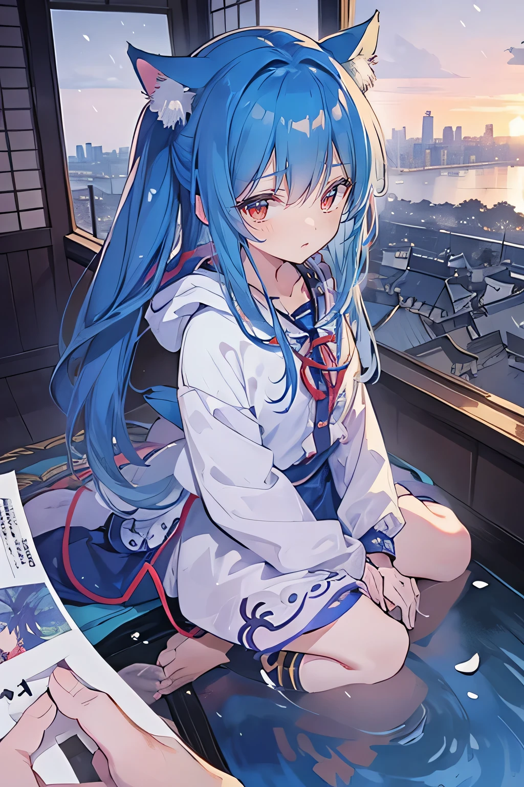 (masterpiece:1.2),Super detailed,lifelike,Expressive eyes,fair skin,perfect face shape,1 girl,
Japanese comics,Gorgeous blue hair,flowing blue hair,flowing clothes,Cat ears,Petals fall,beautiful lola,Baby Angel,sunrise,
Cross your legs,Gentle and peaceful background,The pavilion is cool and comfortable,smile, wearing hoodie, background of tokyo,back views,snowing, winter.