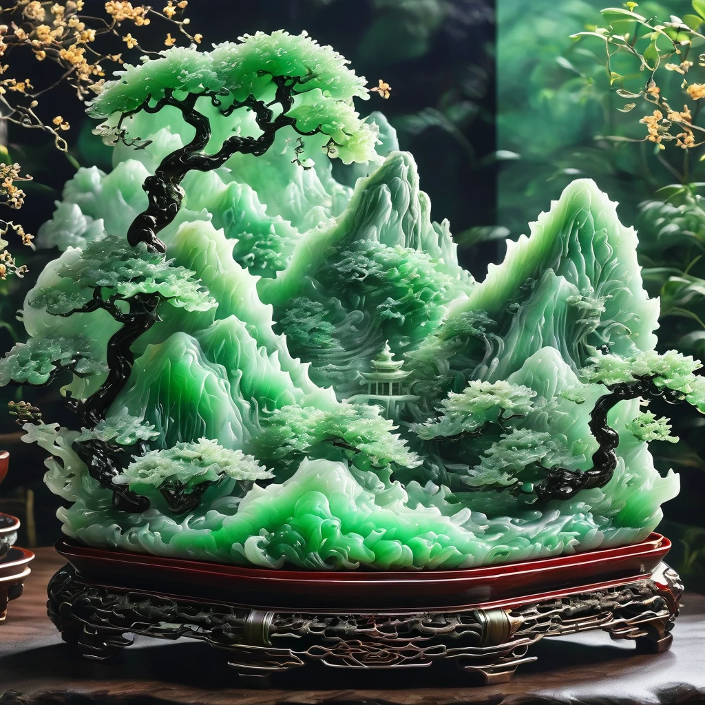 best quality, very good, 16K, ridiculous, Extremely detailed, Gorgeous mountain，Li Bai，Made of translucent jadeite, Background grassland（（A masterpiece full of fantasy elements）））， （（best quality））， （（Intricate details））（8k）