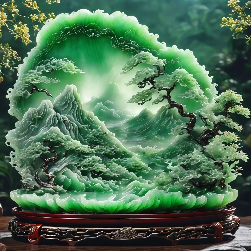 best quality, very good, 16K, ridiculous, Extremely detailed, Gorgeous mountain，Li Bai，Made of translucent jadeite, Background grassland（（A masterpiece full of fantasy elements）））， （（best quality））， （（Intricate details））（8k）