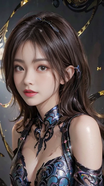 highest quality, shape, Very detailed, finely, High resolution, 8k wallpaper, 完璧なダイナミックな構shape, 美しくてBeautiful Eyes,Short Bob Hair､Big Breasts、Natural color lip, Bold sexy pose､smile、Adult female 30 years old、美shape、ear piercing，Adult sex appeal､Subject posing sexy for the camera，Sculpture model pose，((リアルなillumination, highest quality, 8k, masterpiece: 1.3)), Clear focus: 1.2, 1 girl, Perfect body beauty: 1.4, Slim Abs: 1.1, ((Dark brown wavy hair, Messy Hair，Big Breasts: 1.3)), (Finished with body paint，Transparent Metallic Iridescent，Torn Paisley Pattern，bondage ozai: 1.4), (Black background, illumination: 1.1),Body Paint Dresses， whole body, Long legs, Very detailedな顔, Beautiful Eyes, double eyelid
