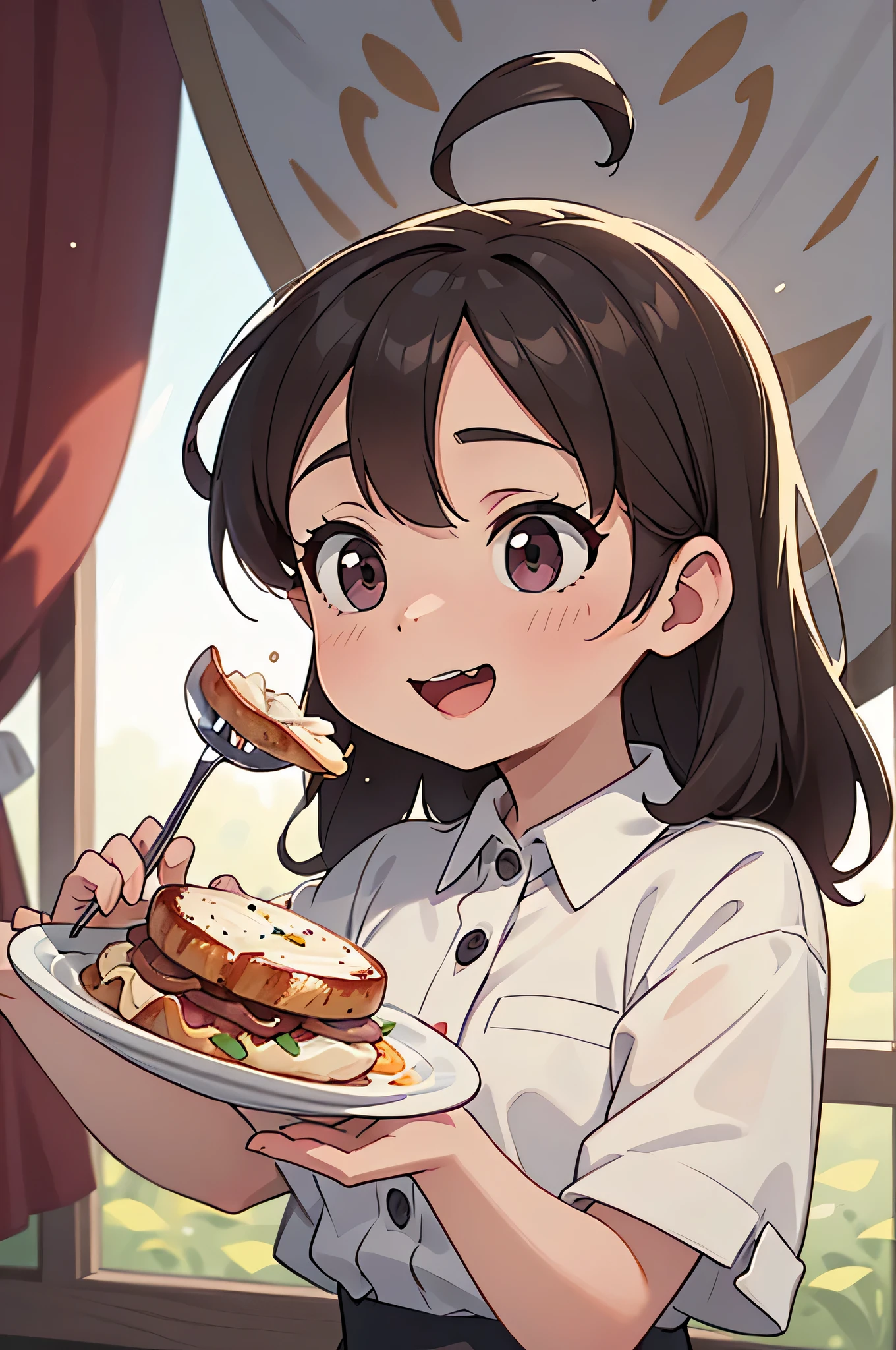 A wild woman biting into a roasted chicken,Open your mouth wide, looks delicious, satisfaction, smile, red wine, Heaps of food, Highest, watching the food, Eating with a fork and knife,
