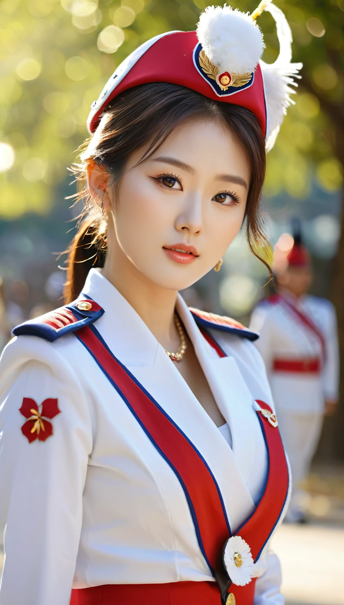 close-up of beautiful korean female, 34 inches breasts size, wearing as drum major , standing on the ground, bokeh background , UHD