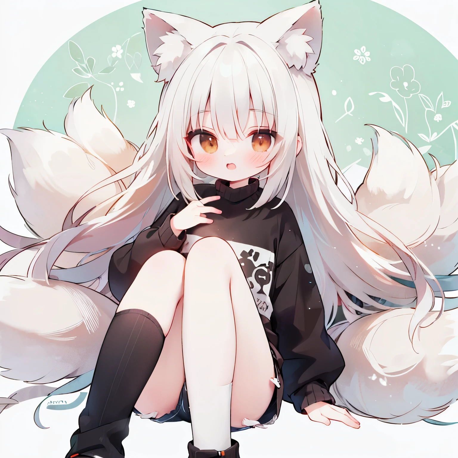 Silver hair, brown eyes, long hair, white fox ears., 3 white fox tails 3 orange fox tails cute face ,black oversize Sweater, jean shorts