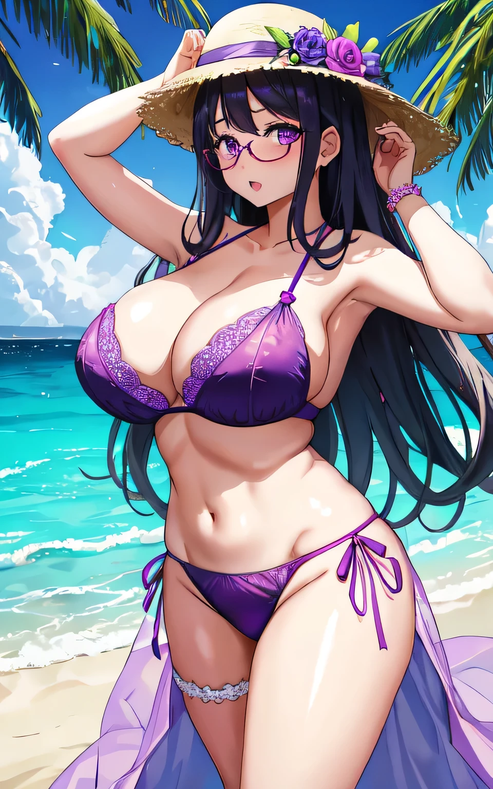 A *************** with big breasts, plump body, round, dressed in a purple wedding dress, lace bikini, on the beach, wearing glasses, wearing a thin tulle