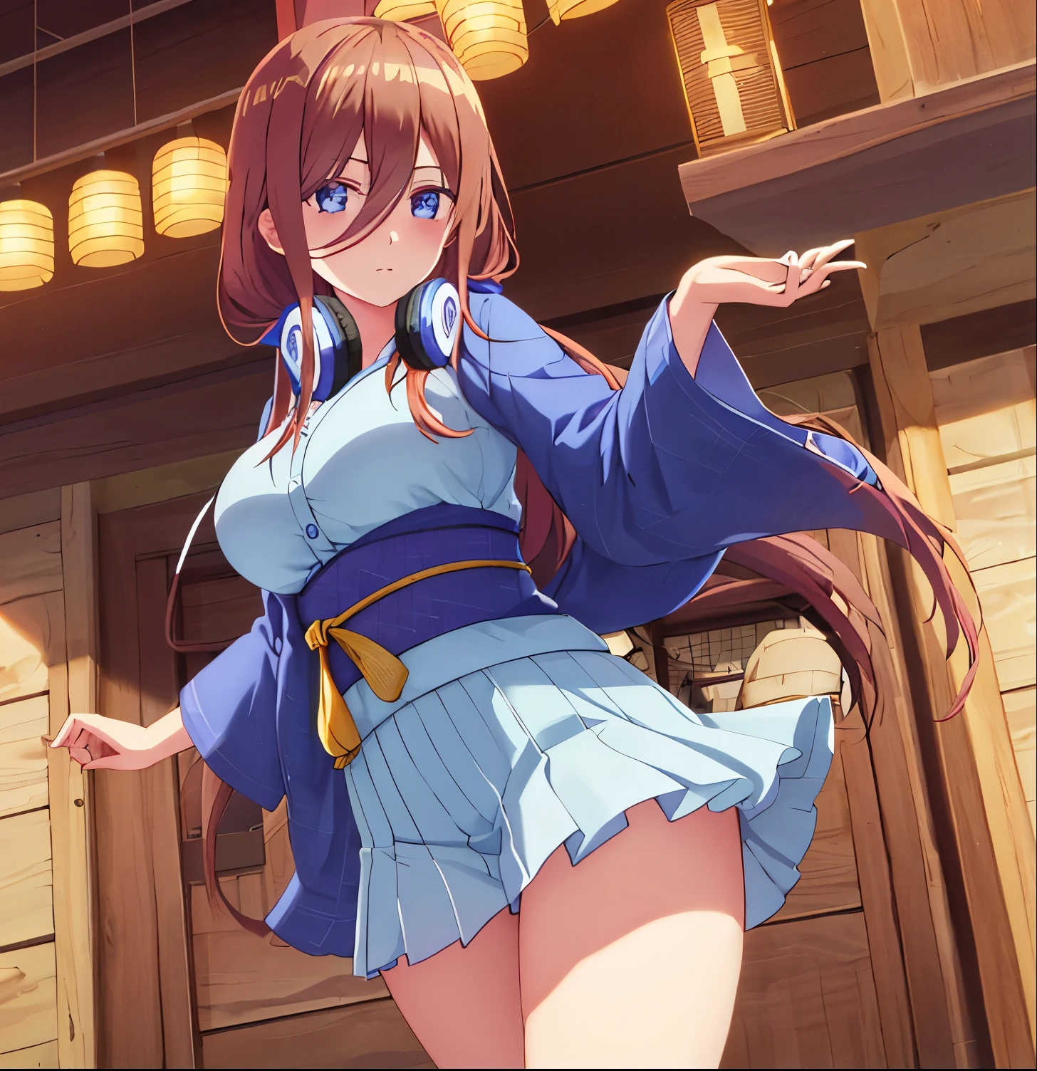 1girl, alone, miku nakano, long hair, bangs, blue eyes, brown hair, shirt, hair between eyes, headphones, headphones around neck,masterpiece, best quality, highres, , headphones around neck, kimono, cowboy shot, standing,big breasts, medium waist, wide hips, medium thighs, round butt,looking at viewer, pov (from below),cowboy shot, dutch angle, perfect hands, perfect anatomy