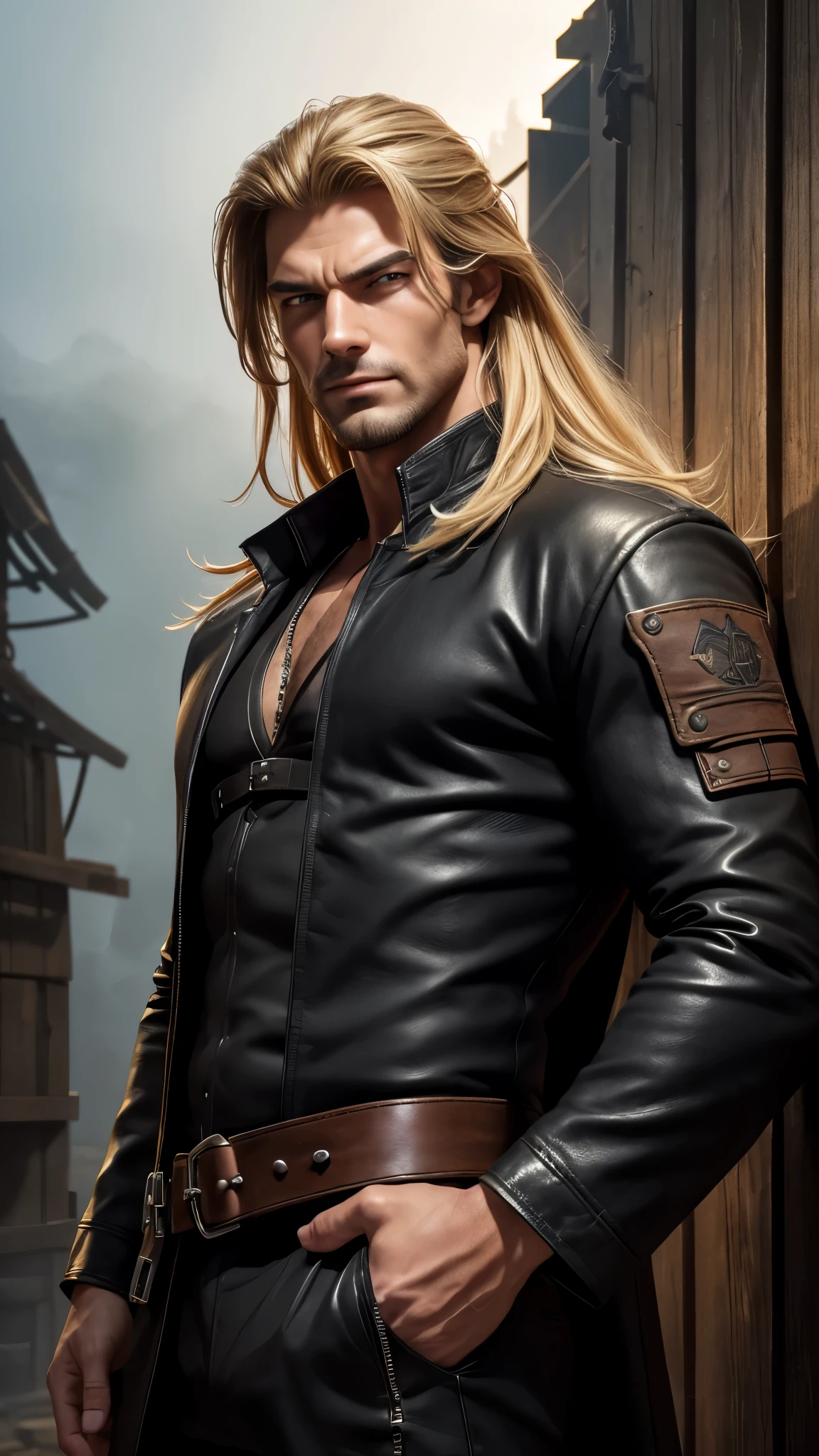 ((open mouth)), (closed eyes)) portrait, (absurd res, high res, ultra detailed), 1 male, adult, handsome, tall muscular guy, broad shoulders, blonde long hair, red eyes, finely detailed eyes, looking at viewer, solo, no background, detailed face, smirk, renegade, rugged dark leather clothes, small leather pouch, high fantasy medieval setting, smuggler hideout background, stealth, undercover, (crates in background), shadows, fog, (dutch angle), ((portrait)), black shirt, black jacket