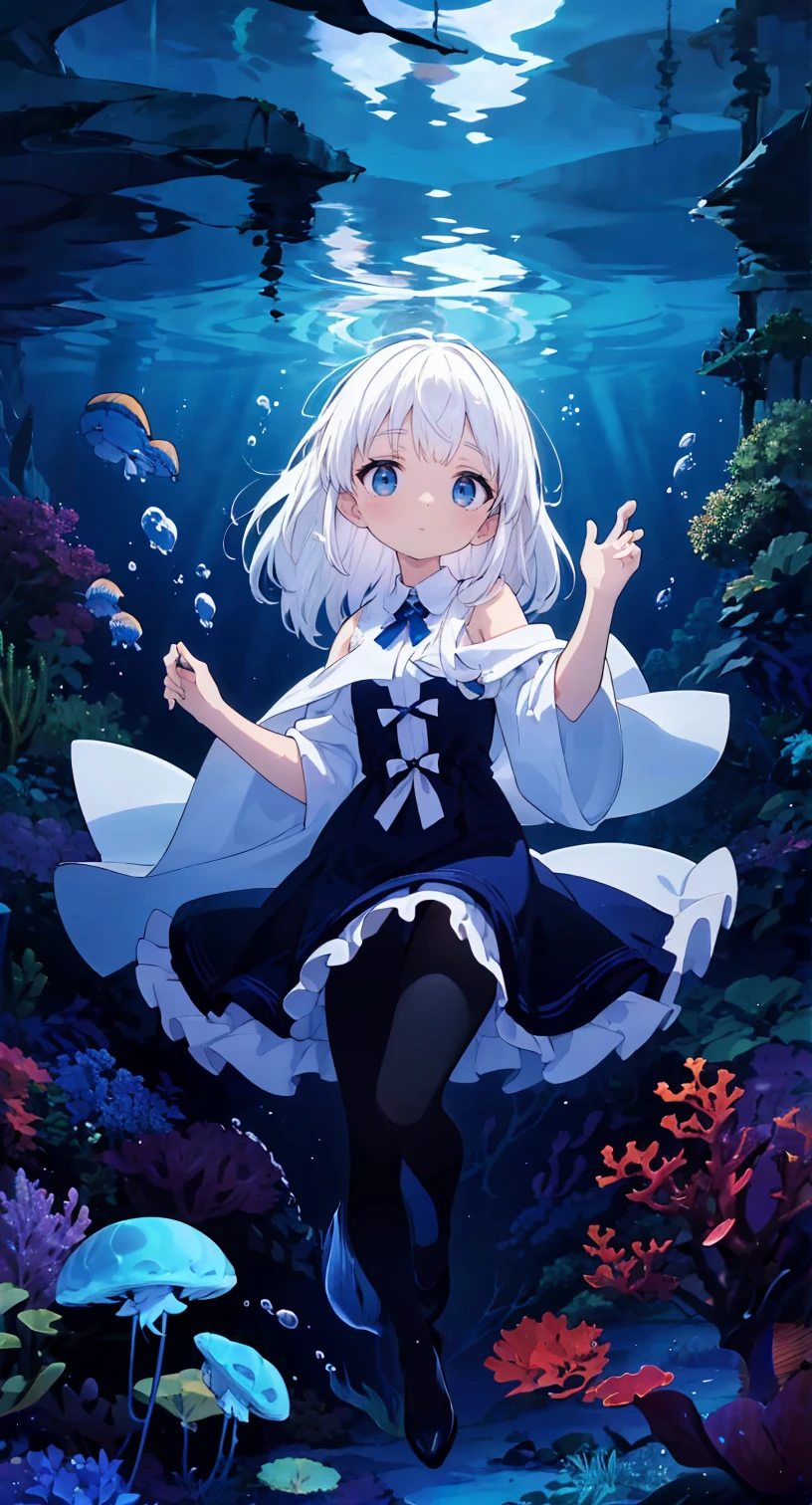 (Peace Fly), (highest quality), Very detailed, 1 girl, Personal full-body photo, Perfect Face, beautiful girl, Very detailed顔，(Long white hair:1.5)，(blue eyes:1.4)，(Flowing Hair:1.4)，(Underwater:1.4)，sink，school fishy，Light，jellyfish，Seaweed，Redfish，fishy，deep sea，Fantasy