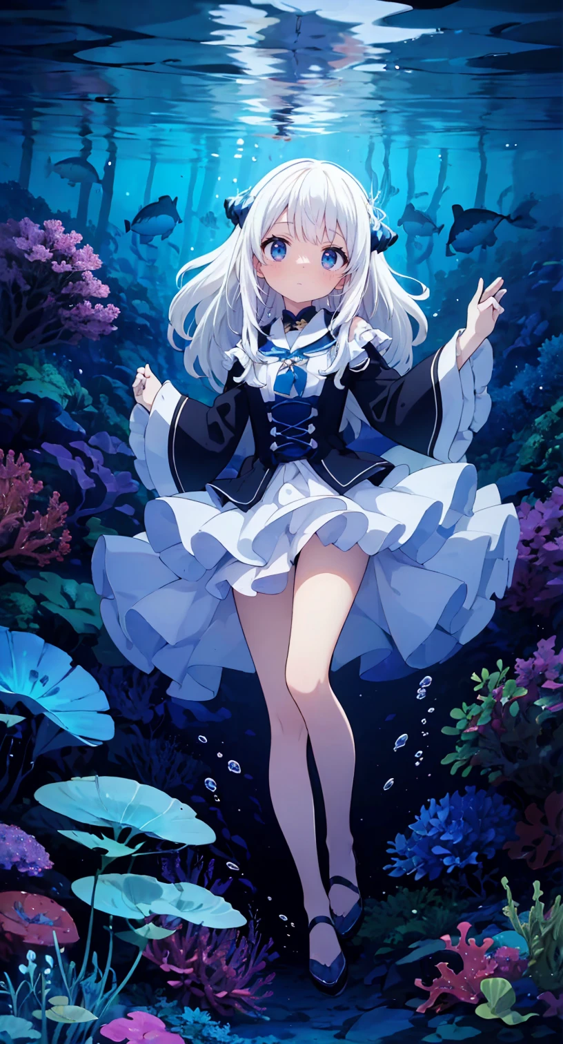 (Peace Fly), (highest quality), Very detailed, 1 girl, Personal full-body photo, Perfect Face, beautiful girl, Very detailed顔,(Long white hair:1.5),(blue eyes:1.4),(Flowing Hair:1.4),(Underwater:1.4),sink,school fishy,Light,jellyfish,Seaweed,Redfish,fishy,deep sea,Fantasy