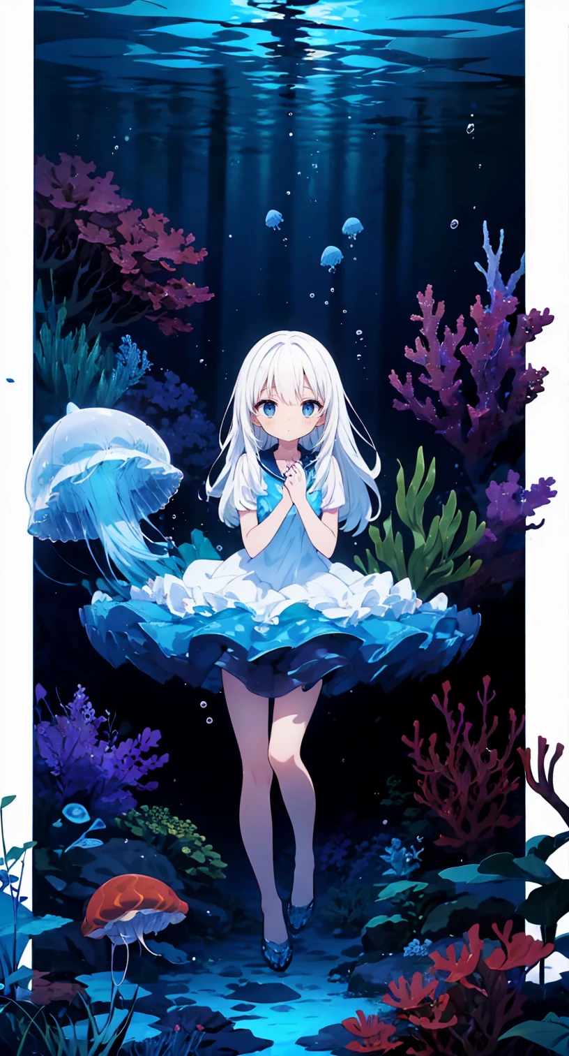 (Peace Fly), (highest quality), Very detailed, 1 girl, Personal full-body photo, Perfect Face, beautiful girl, Very detailed顔,(Long white hair:1.5),(blue eyes:1.4),(Flowing Hair:1.4),(Underwater:1.4),sink,school fishy,Light,jellyfish,Seaweed,Redfish,fishy,deep sea,Fantasy