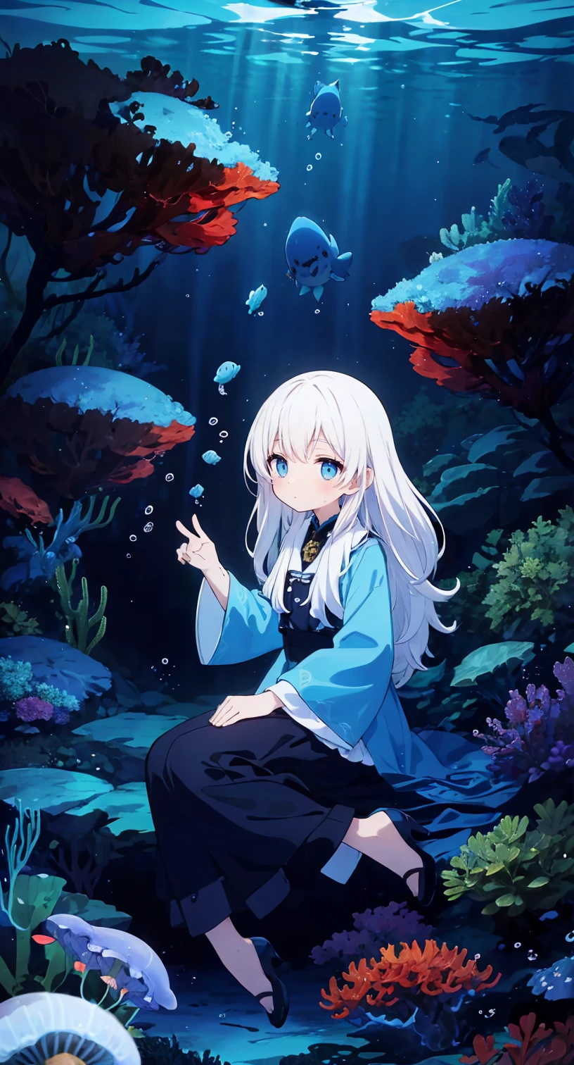 (Peace Fly), (highest quality), Very detailed, 1 girl, Personal full-body photo, Perfect Face, beautiful girl, Very detailed顔,(Long white hair:1.5),(blue eyes:1.4),(Flowing Hair:1.4),(Underwater:1.4),sink,school fishy,Light,jellyfish,Seaweed,Redfish,fishy,deep sea,Fantasy
