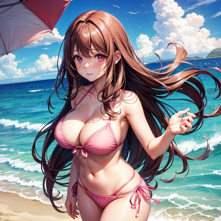 Girl, at the beach, wearing a pink bikini, brown hair, pink eyes, very long hair, standing, blushing, looking embarrassed, large breasts, feeble, cute, seductive
