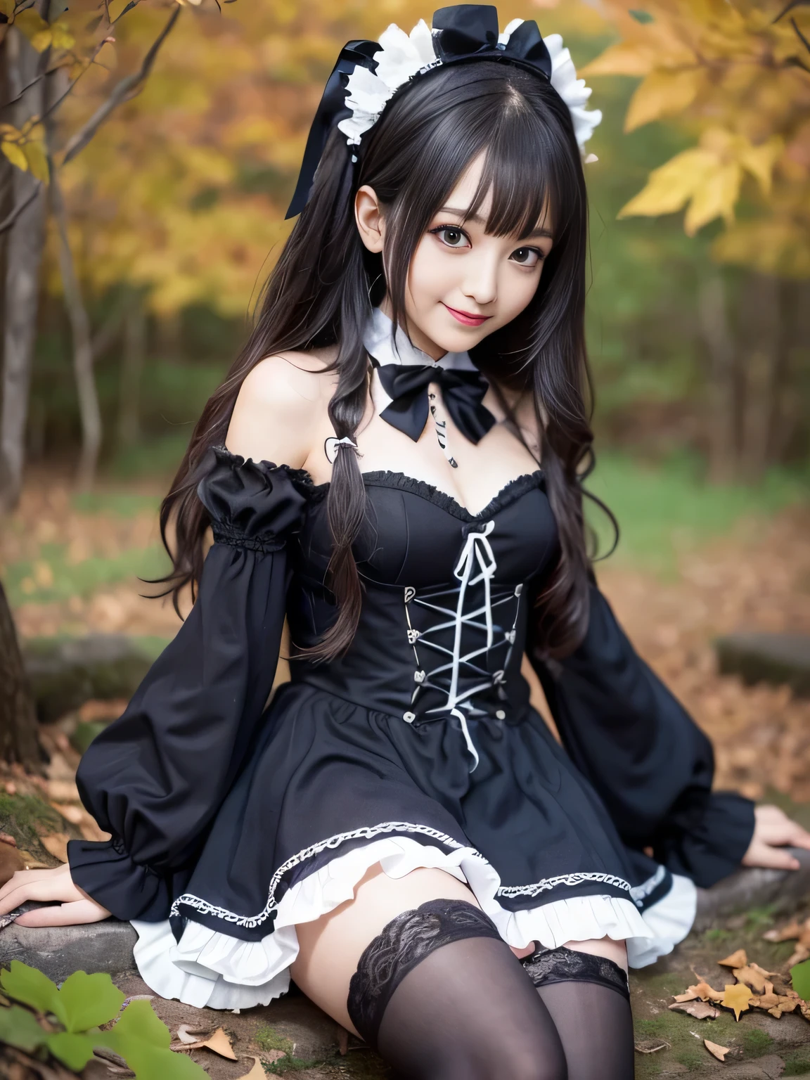 Gothic Lolita、make、whole body、Thighs、beauty、Black Hair、smile、
