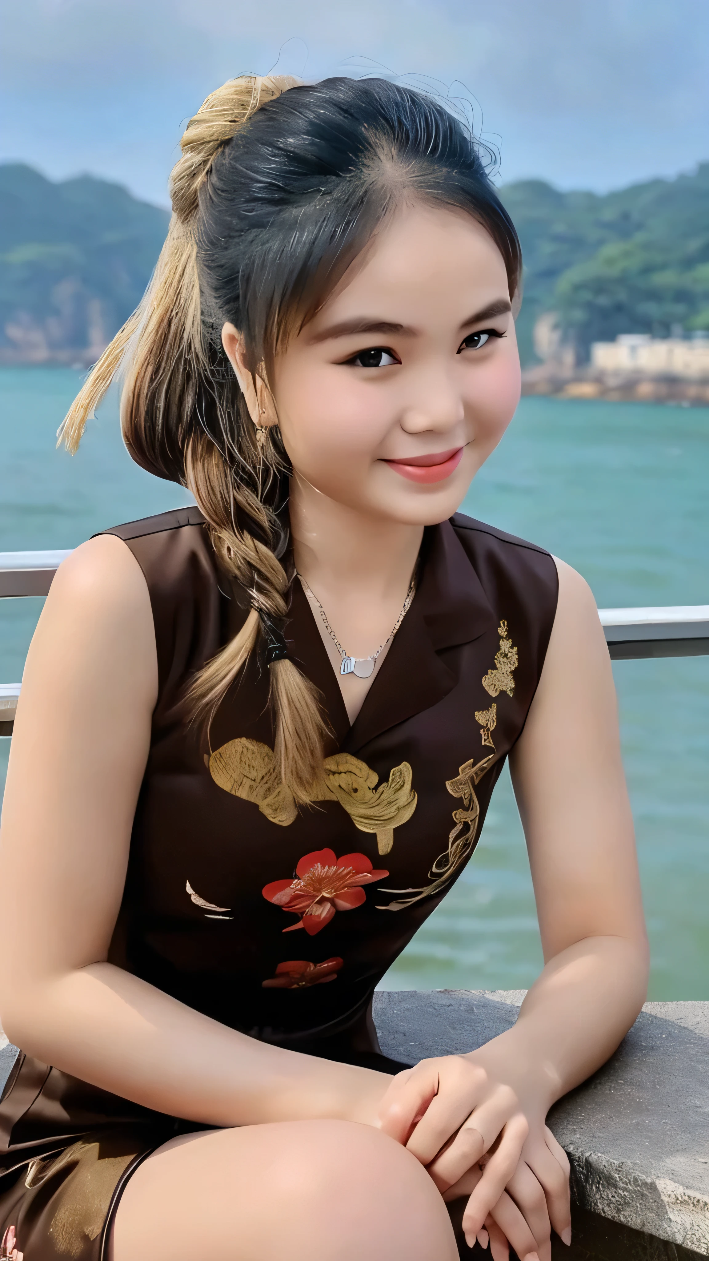 1 girl, alone, looking at the viewer, dark blonde long hair, hair is tied up, ((Chinese cheongsam dress, sexy cheongsam)), sleeveless, brown eyes, Coastal rocky background, small breast , smile, sitting, realistic, masterpiece, 最high quality, high quality, High resolution,
